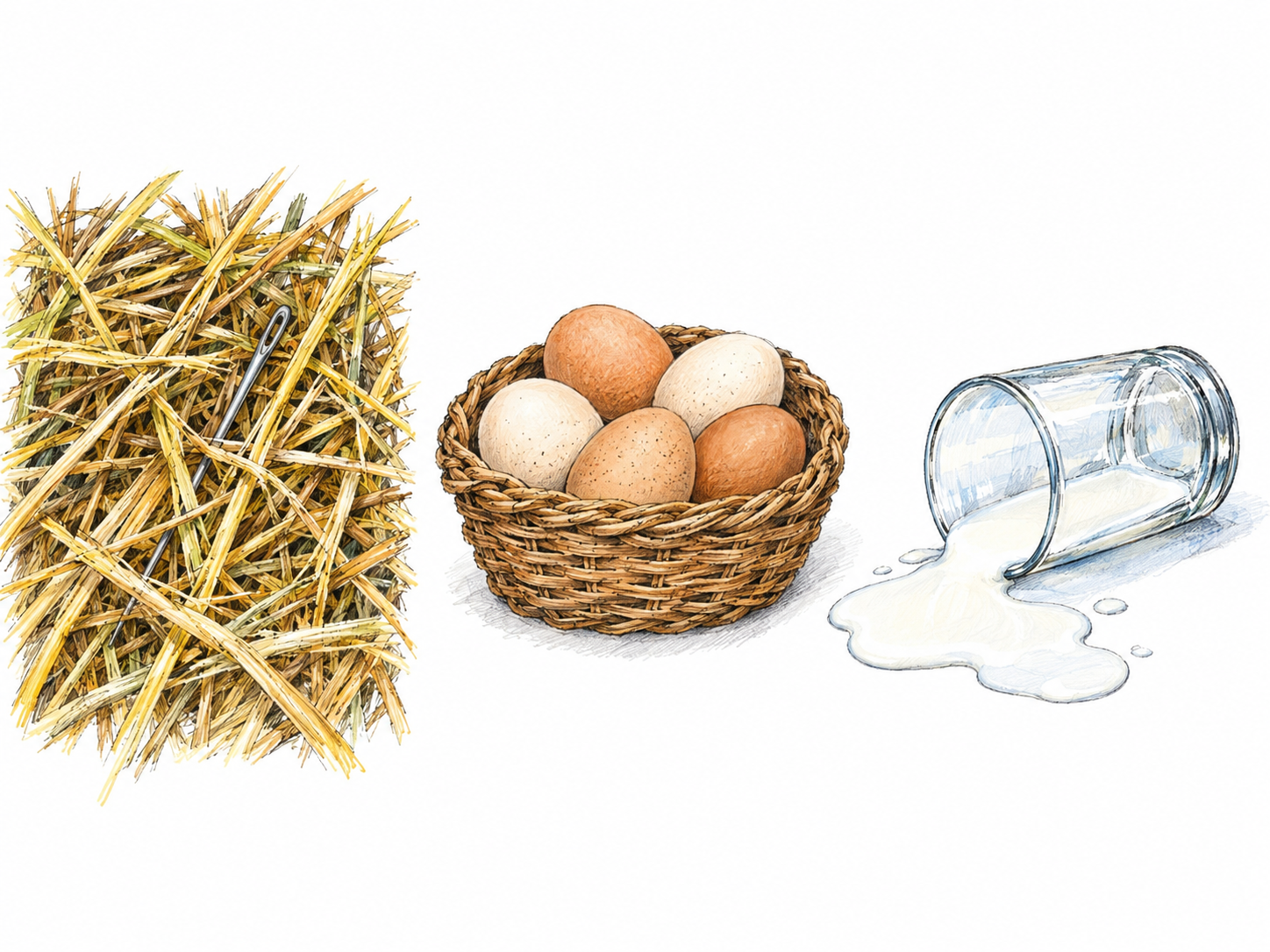A compact visual anthology of three familiar sayings: the proverbial needle in a haystack, all the eggs in one basket, and spilled milk.