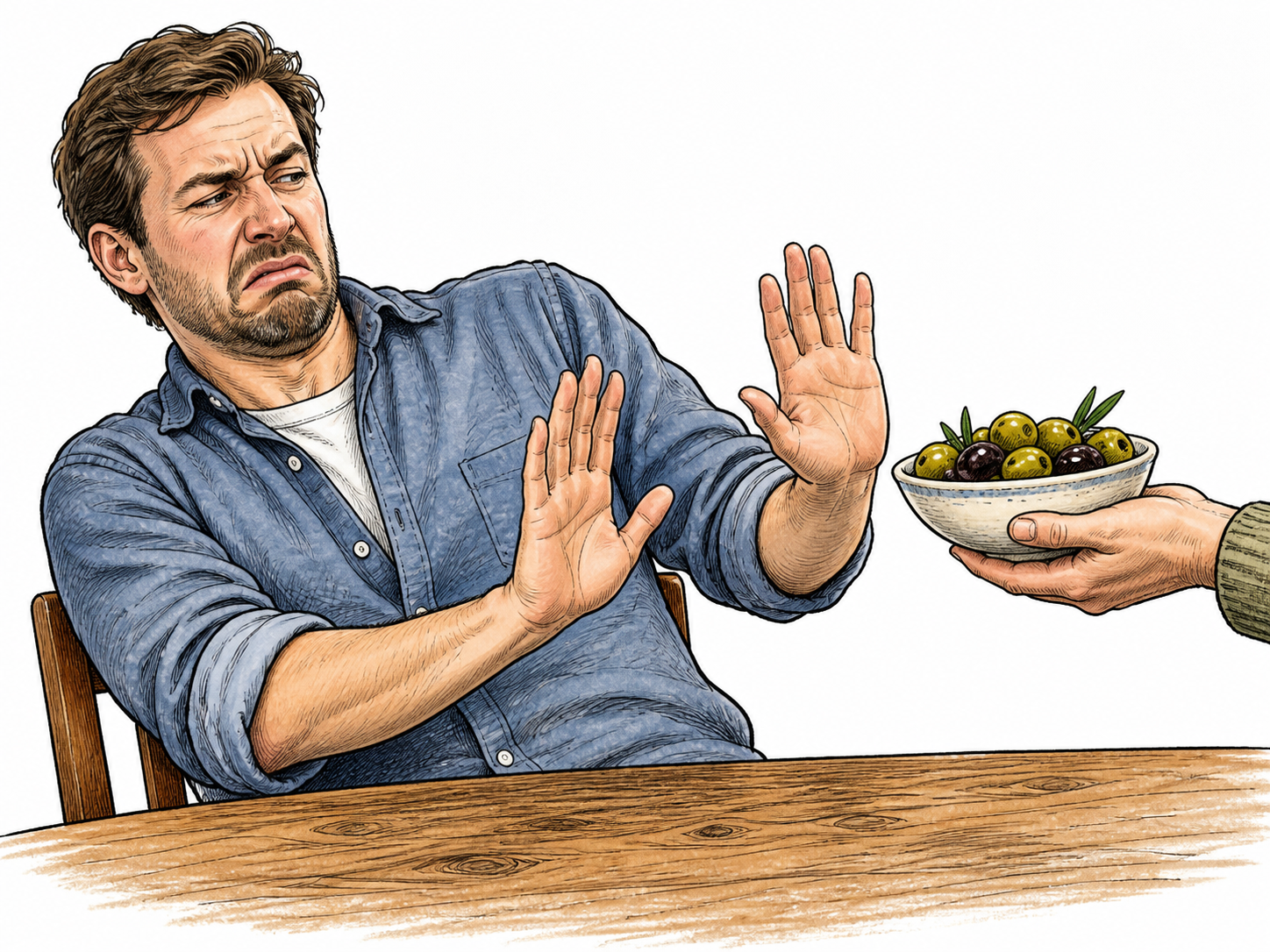 A white adult man recoils in strong dislike from a bowl of olives offered across a table.