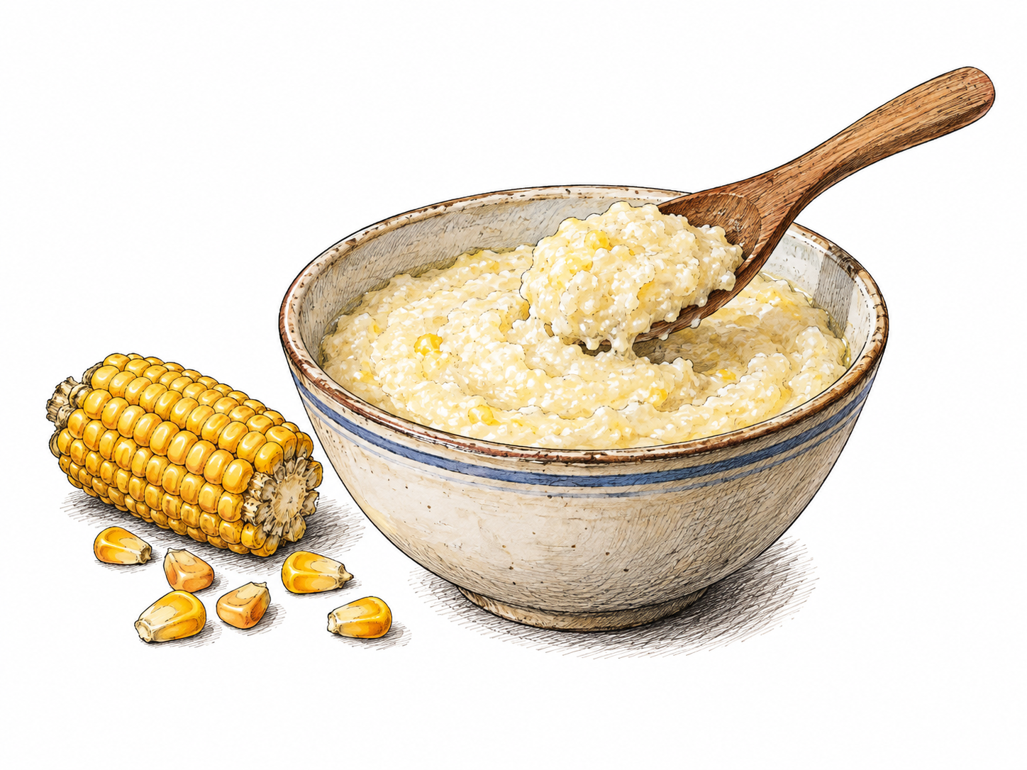 A plain ceramic bowl holds thick creamy white corn grits, coarse grain texture visible where a wooden spoon lifts a small portion.