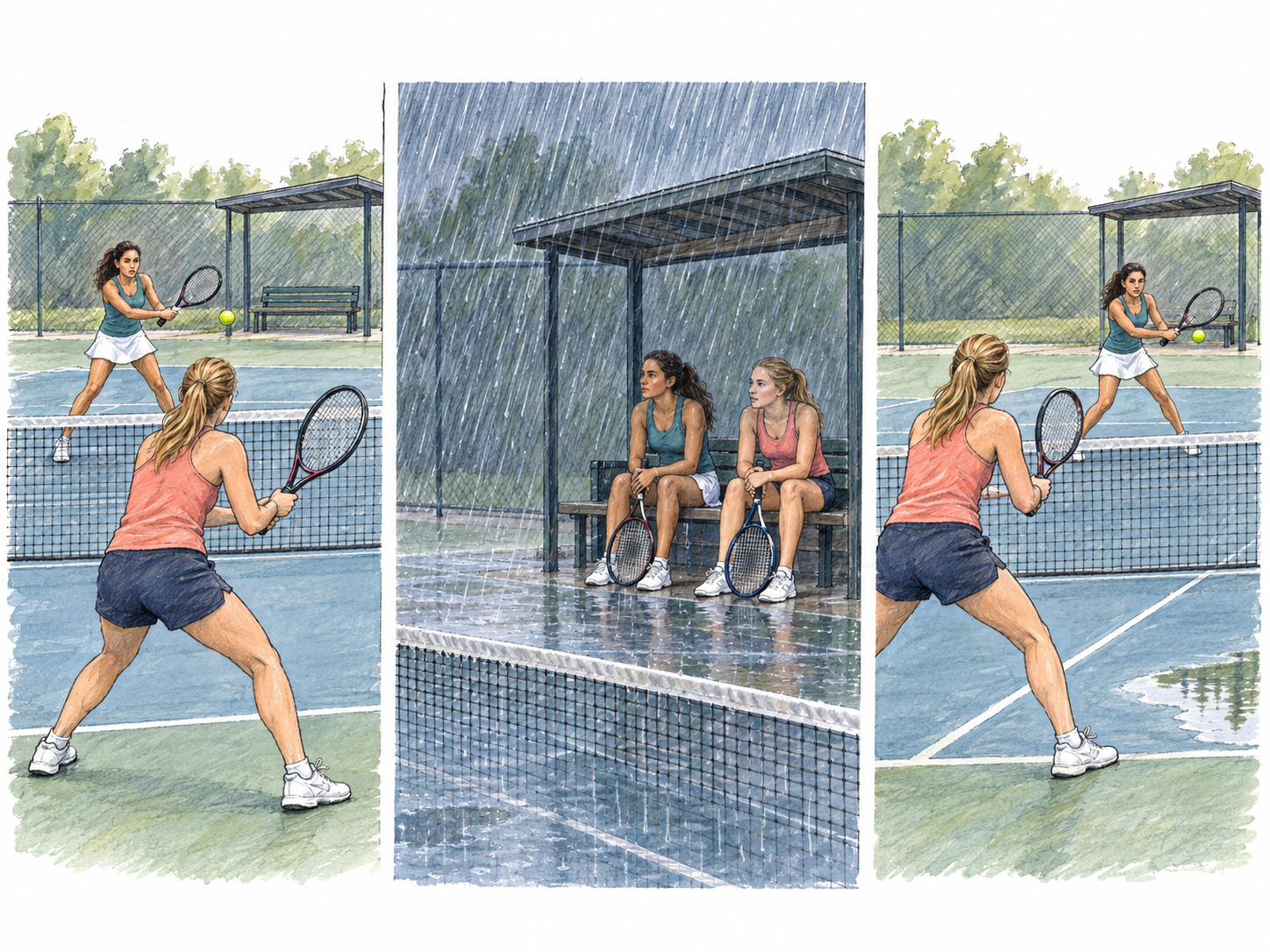 A compact three-stage tennis sequence shows active play, suspension during heavy rain, and resumed play.