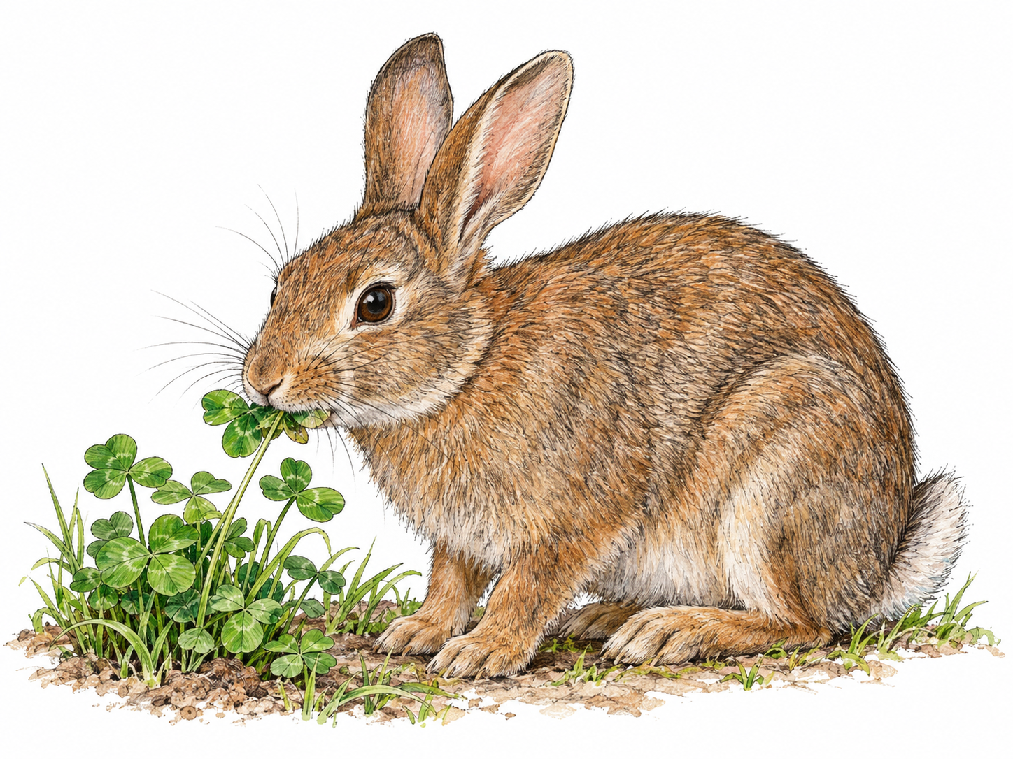 A rabbit visibly eating fresh clover, with a leafy stem held between its incisors and the rest of the plant rooted in a small patch of ground.