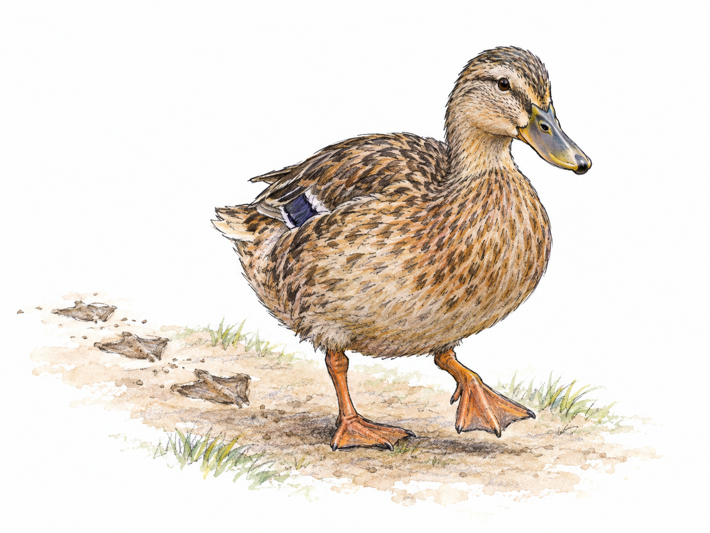 A duck waddles forward with a short step, its weight shifted onto one webbed foot and its rounded body tilted gently sideways; a few closely spaced alternating footprints make the short-stepped gait clear.