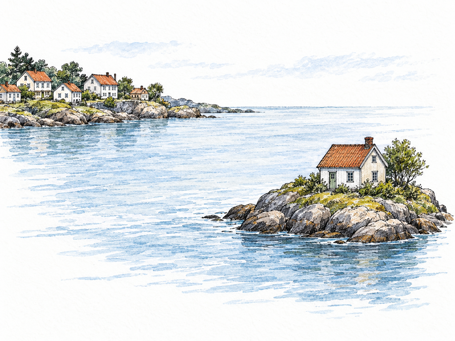 A single small house stands on a tiny offshore island, visibly separated by a broad stretch of water from a compact cluster of houses on the mainland.