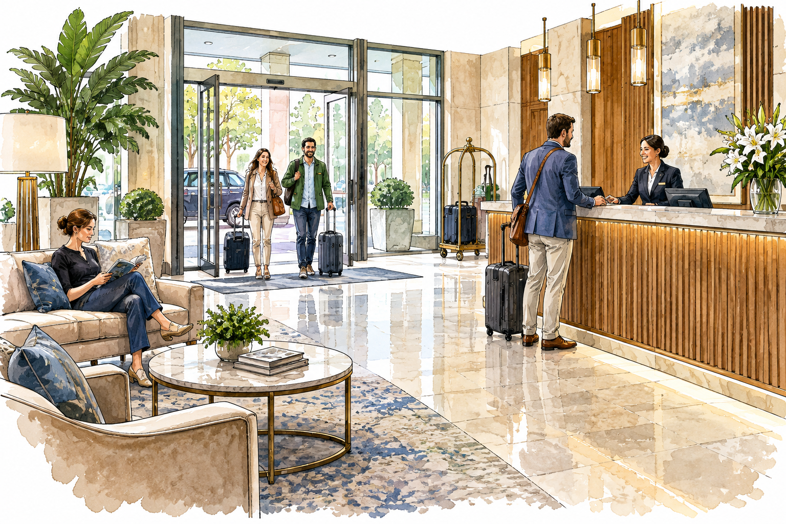 Bright hotel entrance lobby with reception desk seating and arriving travelers.