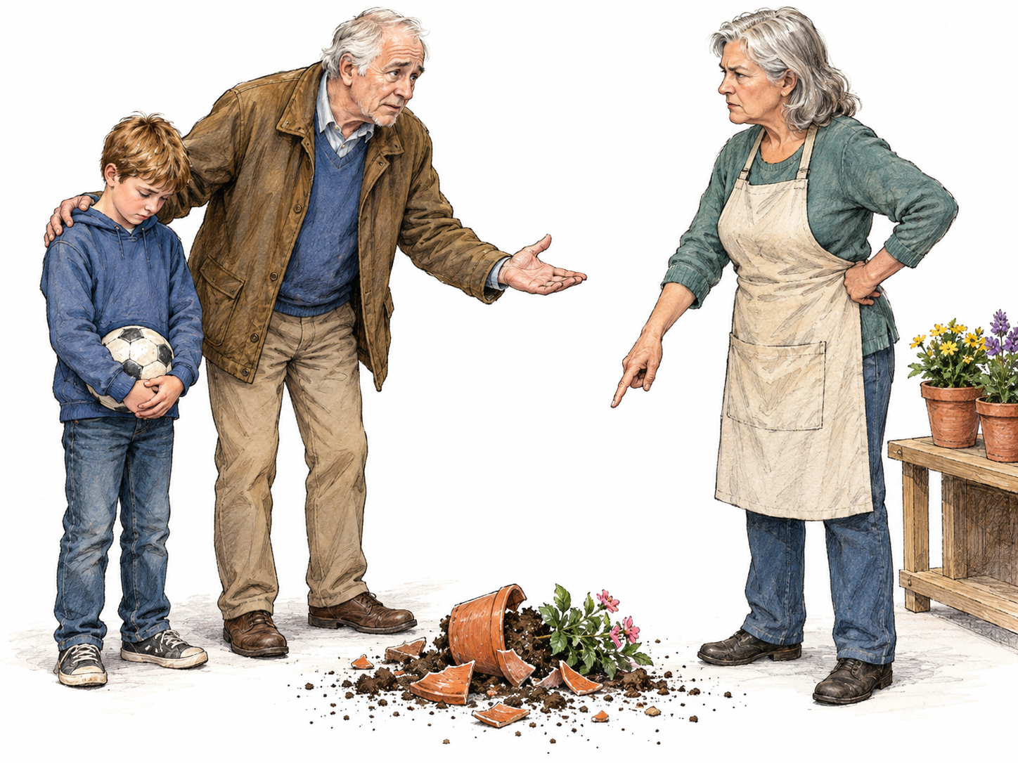 An older man appeals to an upset shopkeeper on behalf of a child who has broken a flowerpot: he stands between them, gently supports the child, and directs a pleading gesture toward the shopkeeper.