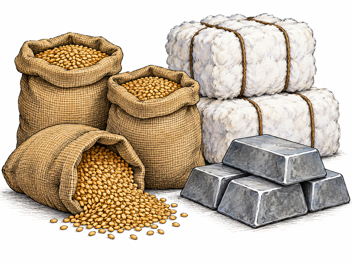 Plain burlap sacks of grain, cotton bales and metal ingots are grouped as basic trade goods; no branded consumer packages or financial chart.