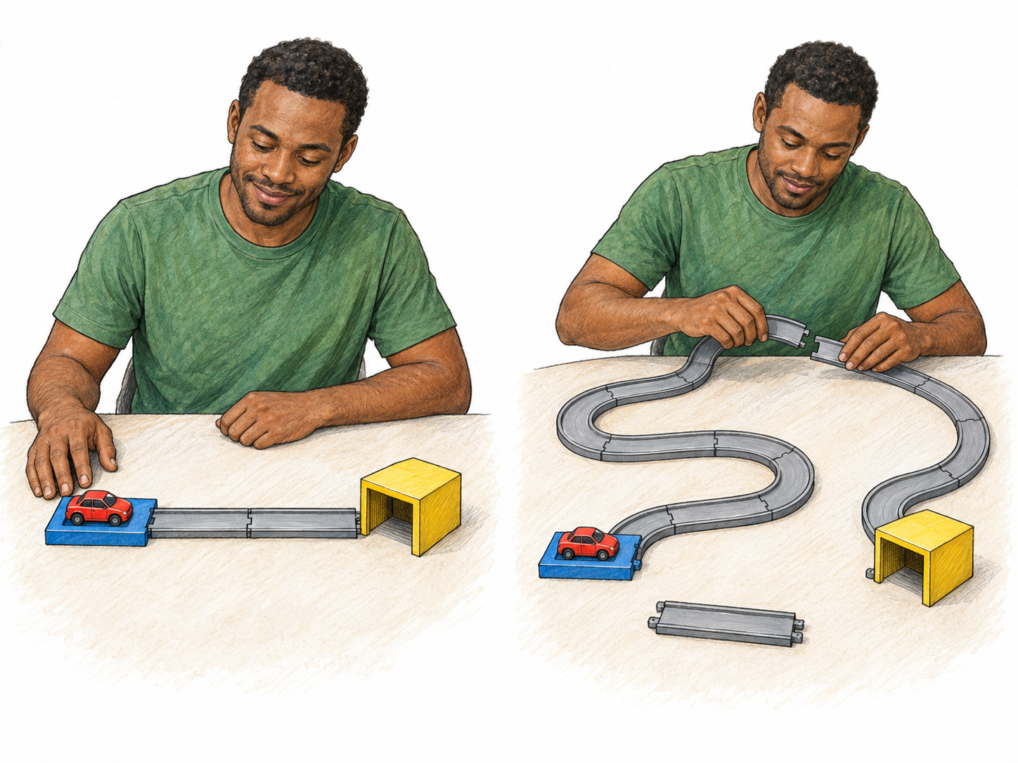 A man makes a straightforward toy-car route more involved by replacing its short direct connection with a long, winding detour, shown in a compact before-and-after comparison.