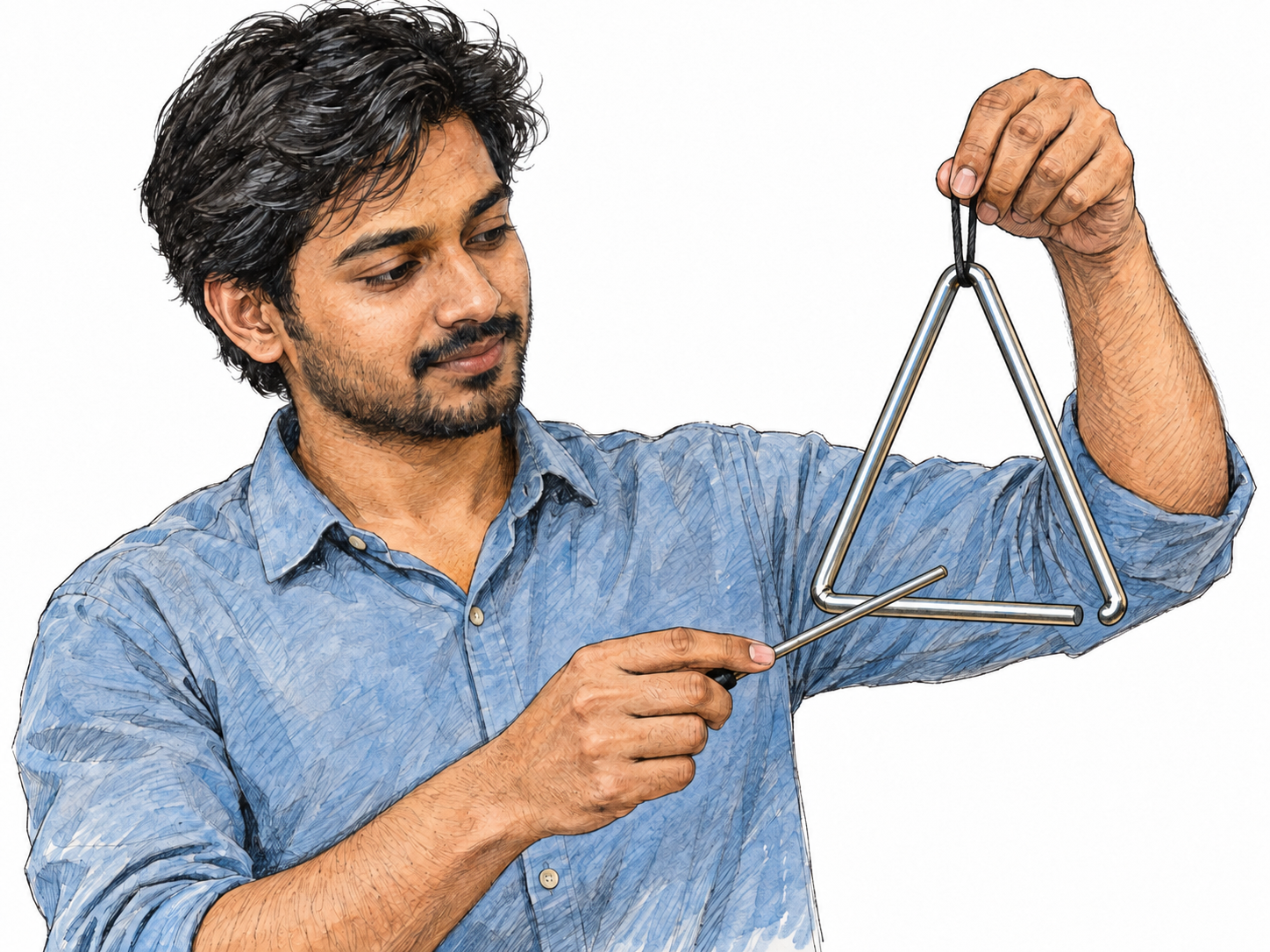 A young adult man lightly taps a suspended metal triangle with a slender striker, making the person performing the light striking action the focus.