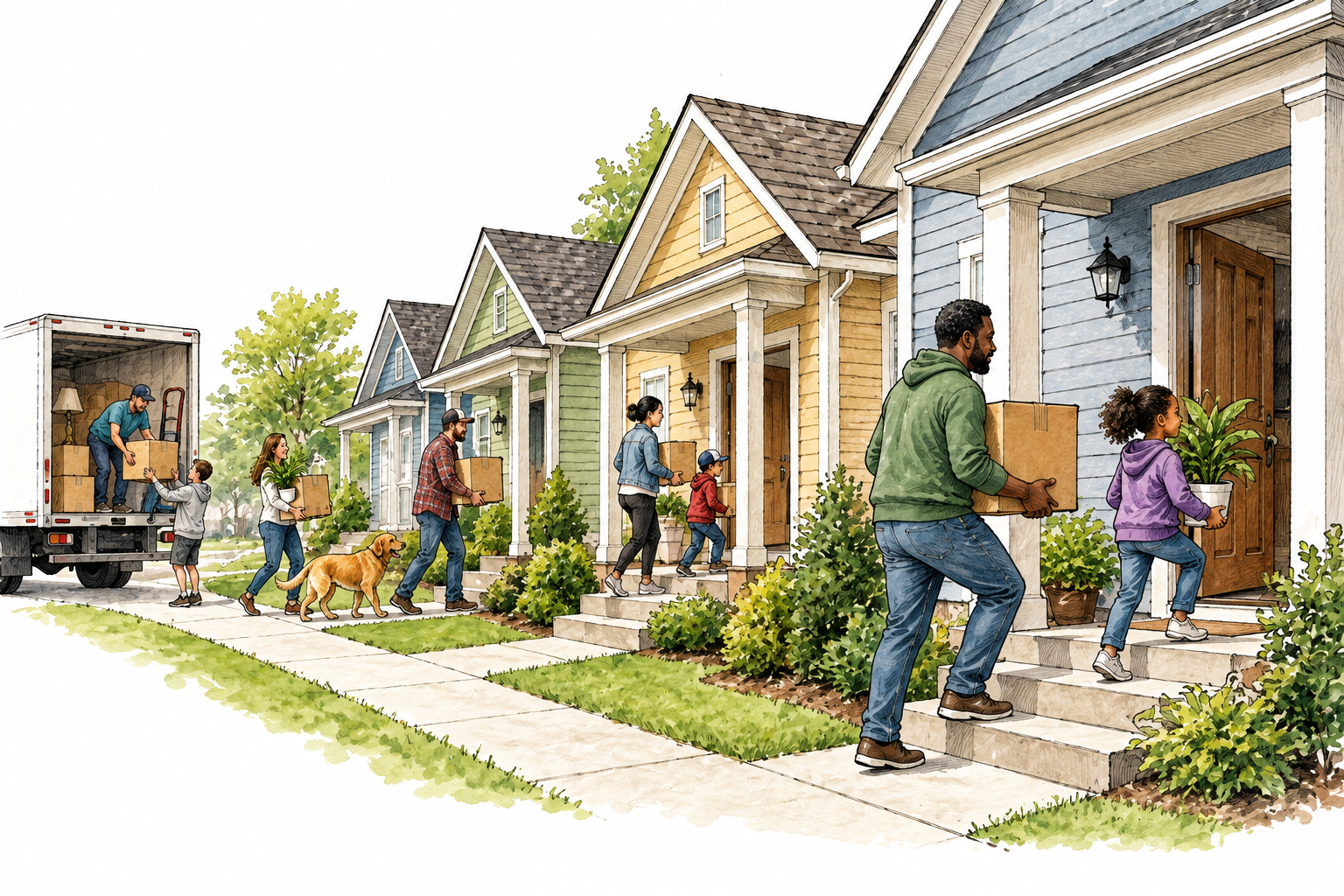New residents move into a previously empty row of homes, populating the area.