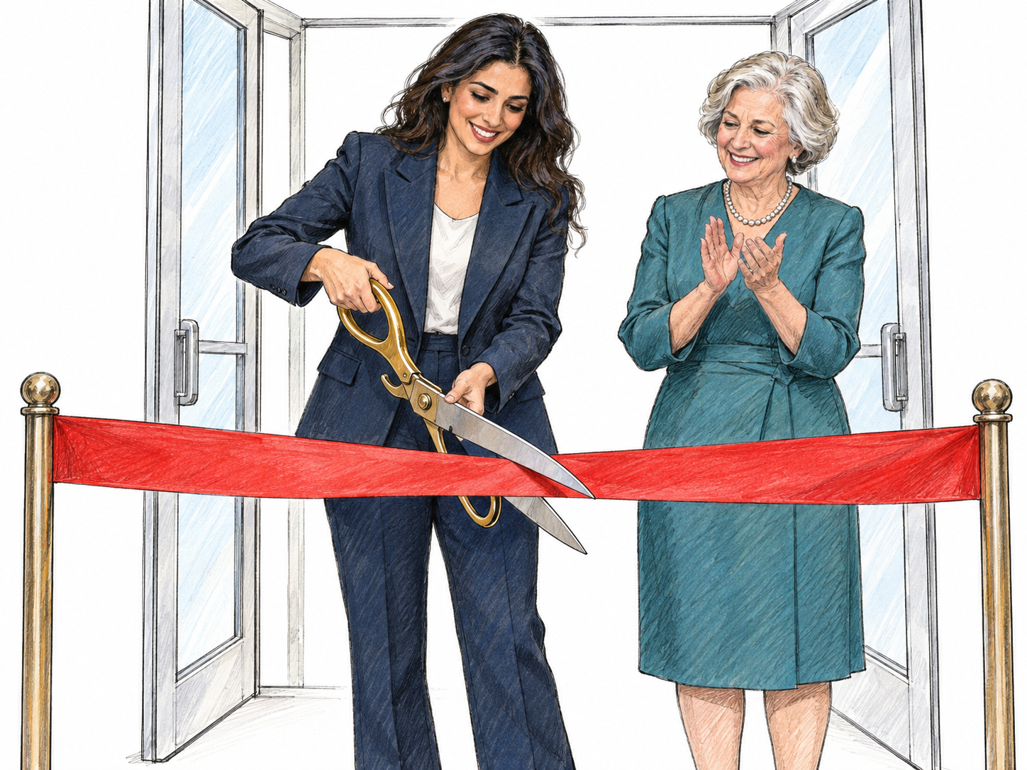 An official ribbon-cutting: a formally dressed young woman cuts a taut ribbon across a building entrance with oversized ceremonial scissors while an older woman beside her applauds.