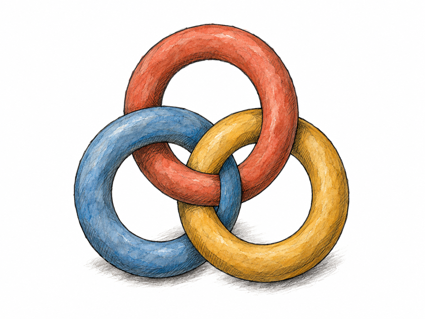 Three interlocking rings form one clearly connected triangular arrangement, making both the count of three and the relationship between the elements visible.