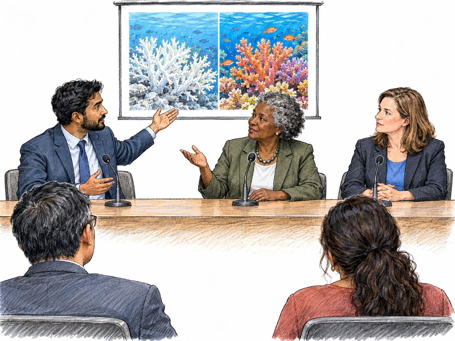 A formal scientific discussion on coral restoration: three panelists sit behind conference microphones, exchanging views beneath a single projected coral diagram while a small seated audience listens.
