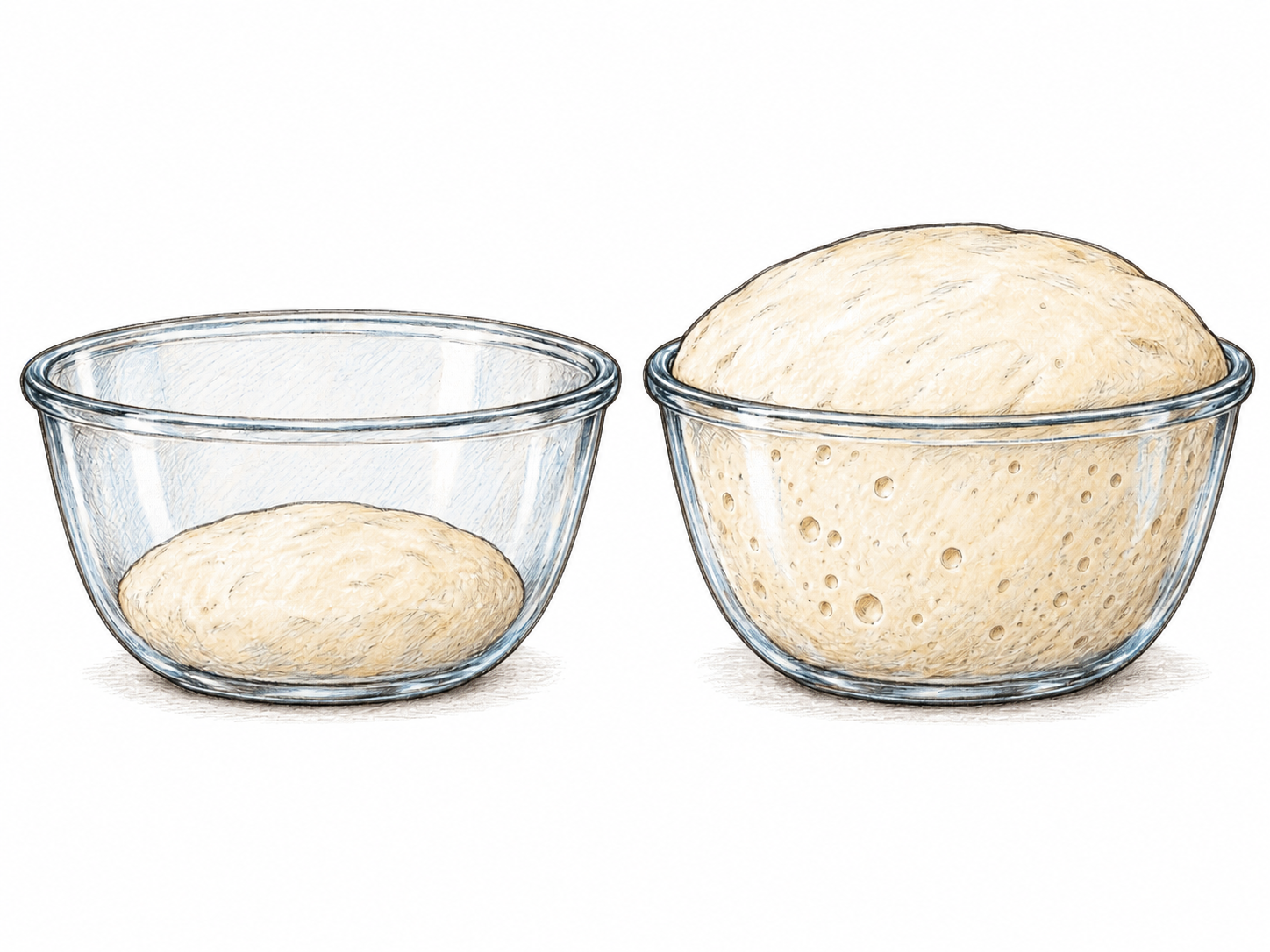 A text-free two-stage view of bread dough swelling in the same glass bowl: a small dough mound on the left becomes a much larger, rounded mass rising above the rim on the right.