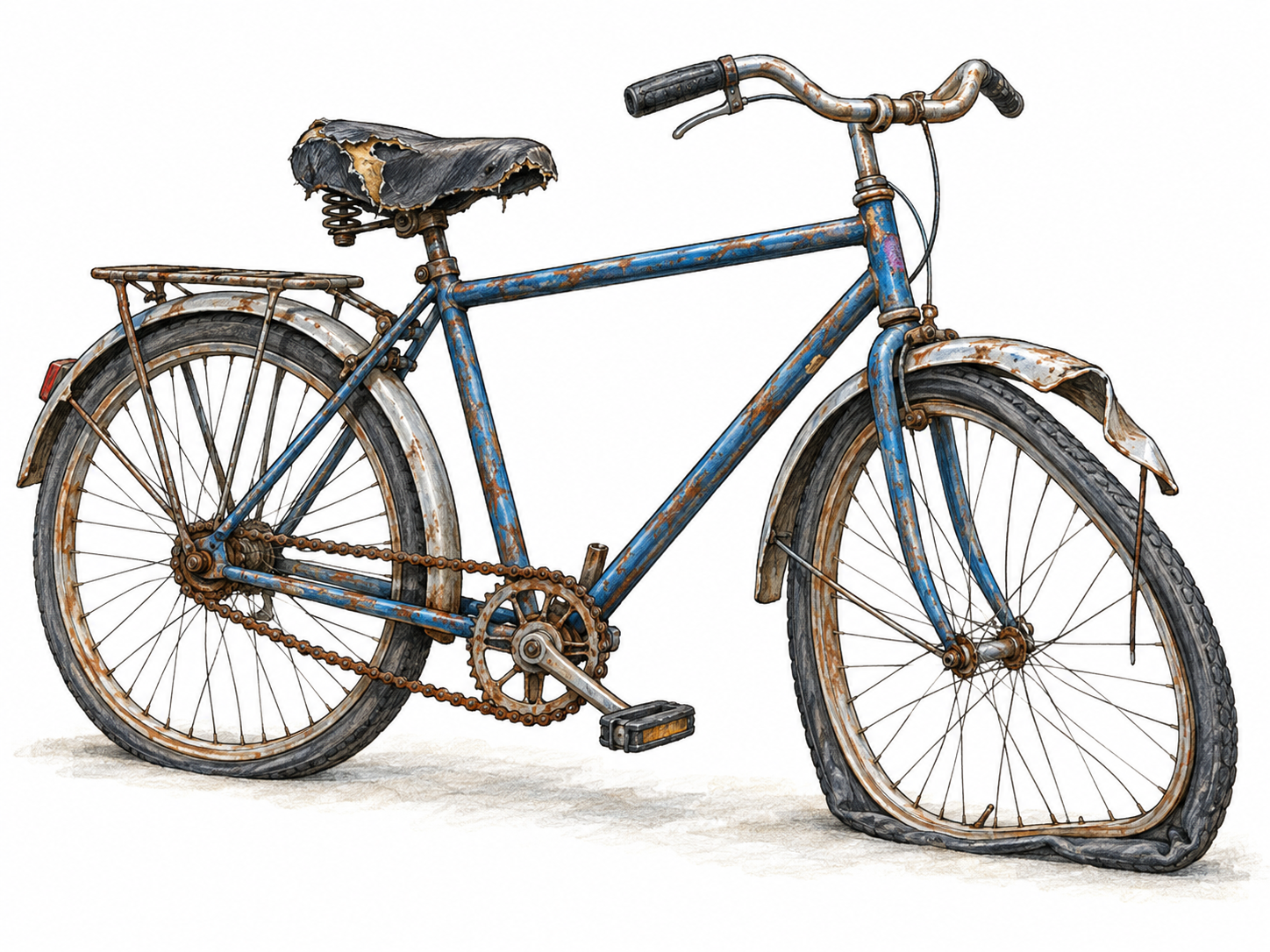 One battered bicycle stands in a visibly poor condition: flat front tire, rusty chain, bent front mudguard and torn saddle.