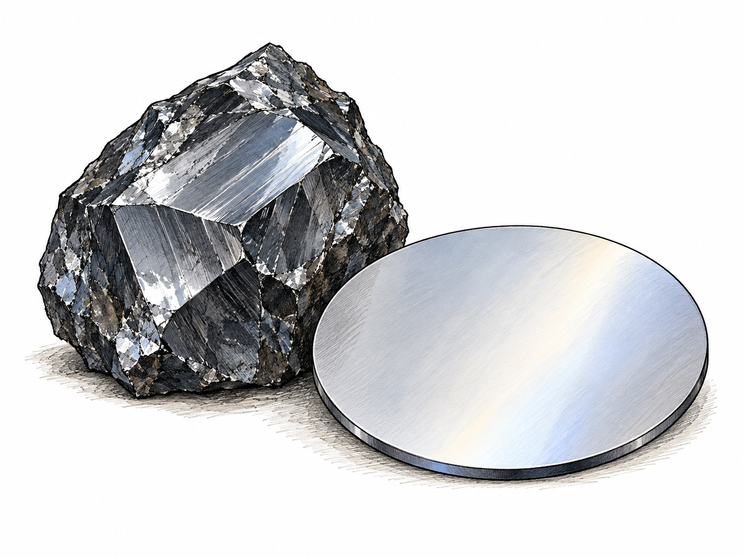 A dark-gray lustrous silicon crystal chunk beside a blank circular semiconductor wafer, central element material and electronics use distinct from sand; no lettering or circuitry labels.