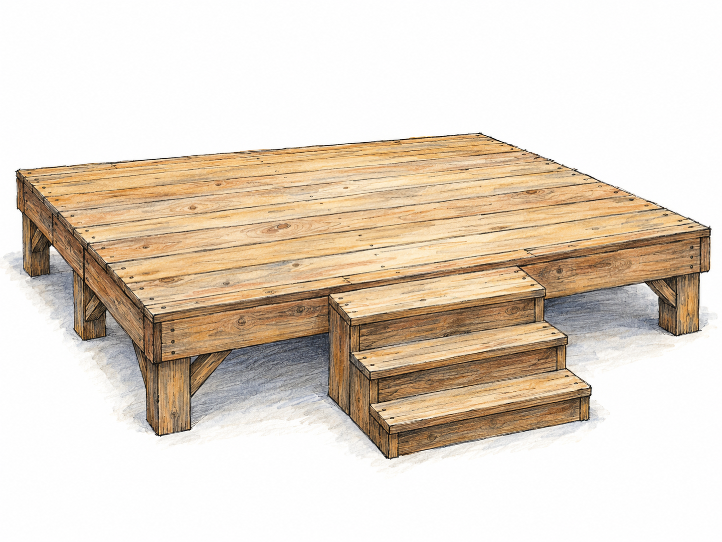 A broad, raised wooden platform with a flat top and a short flight of steps, shown in three-quarter view so its elevation above the ground is unmistakable.
