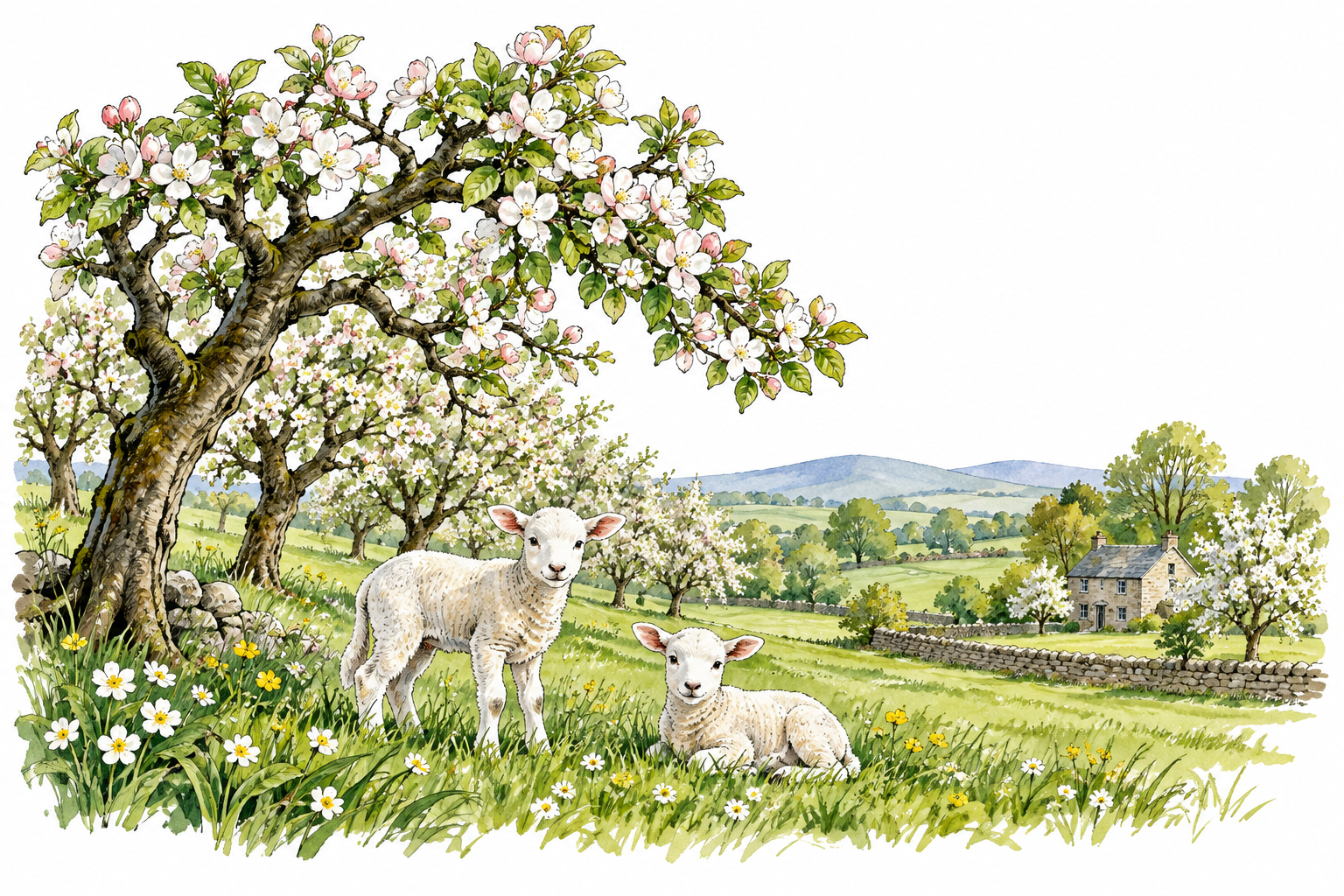 Blossoming orchard with fresh green leaves flowers and young lambs, spring season.