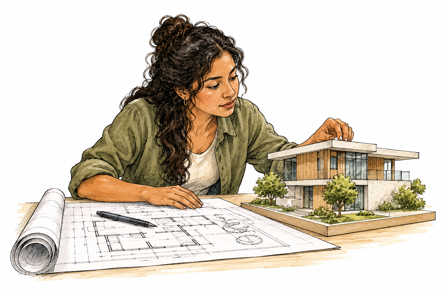 A Latina architect reviews a scale model beside a precise building plan.