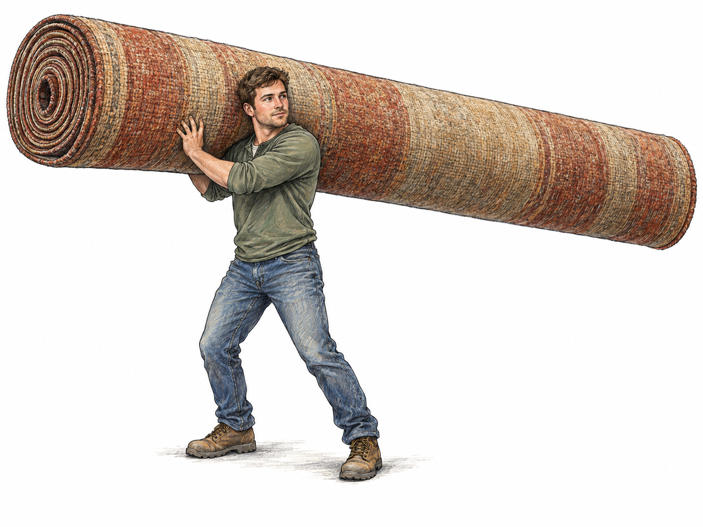 An enormous rolled carpet dwarfs the young man carrying it, its thick diameter and long cylindrical body making sheer bulk immediately visible.