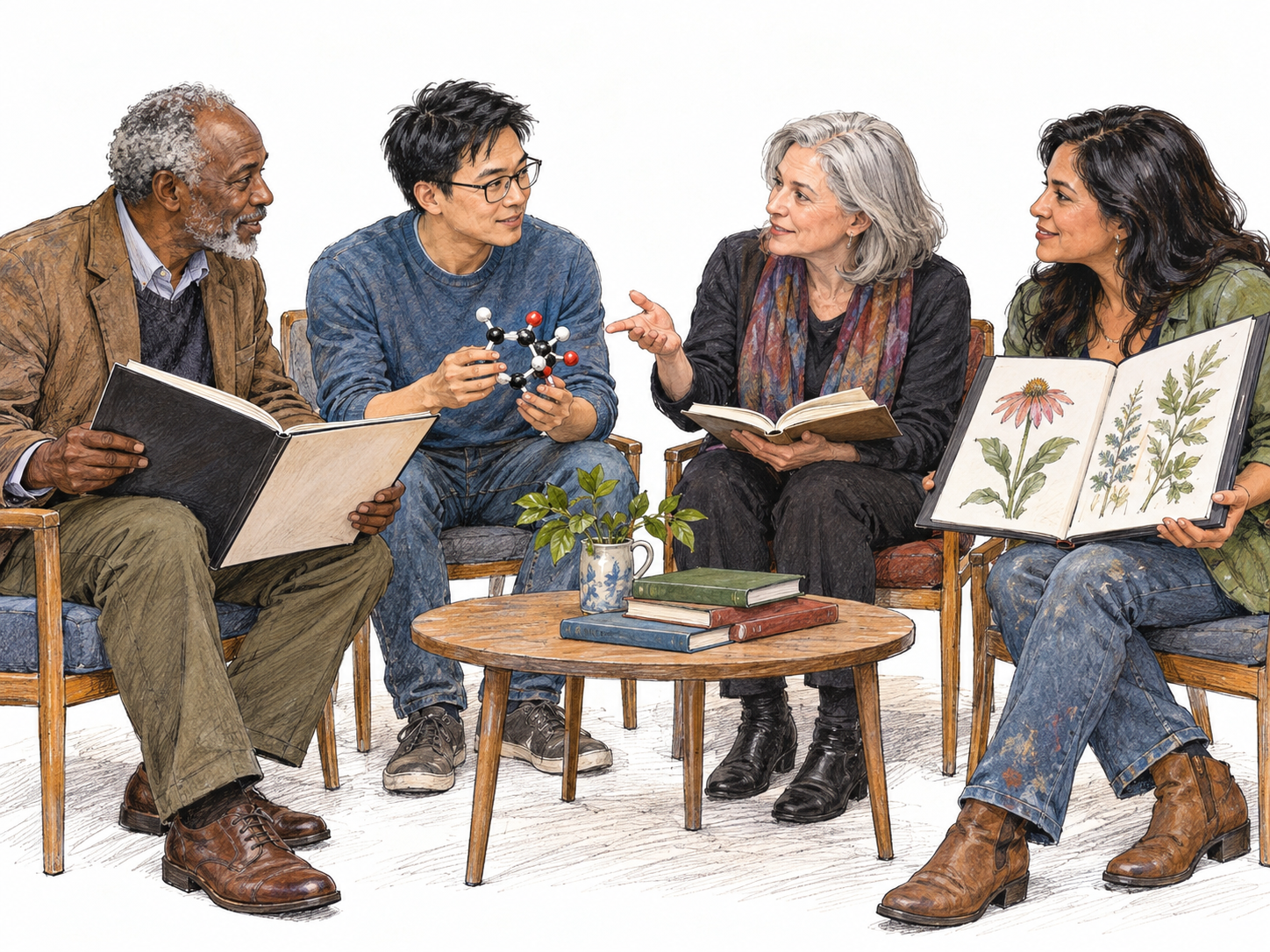 A cross-disciplinary circle of mature intellectuals at a public cultural salon: a writer, scientist, philosopher, and visual artist exchange ideas as peers, collectively representing society's educated intellectual class rather than a single academic specialty.