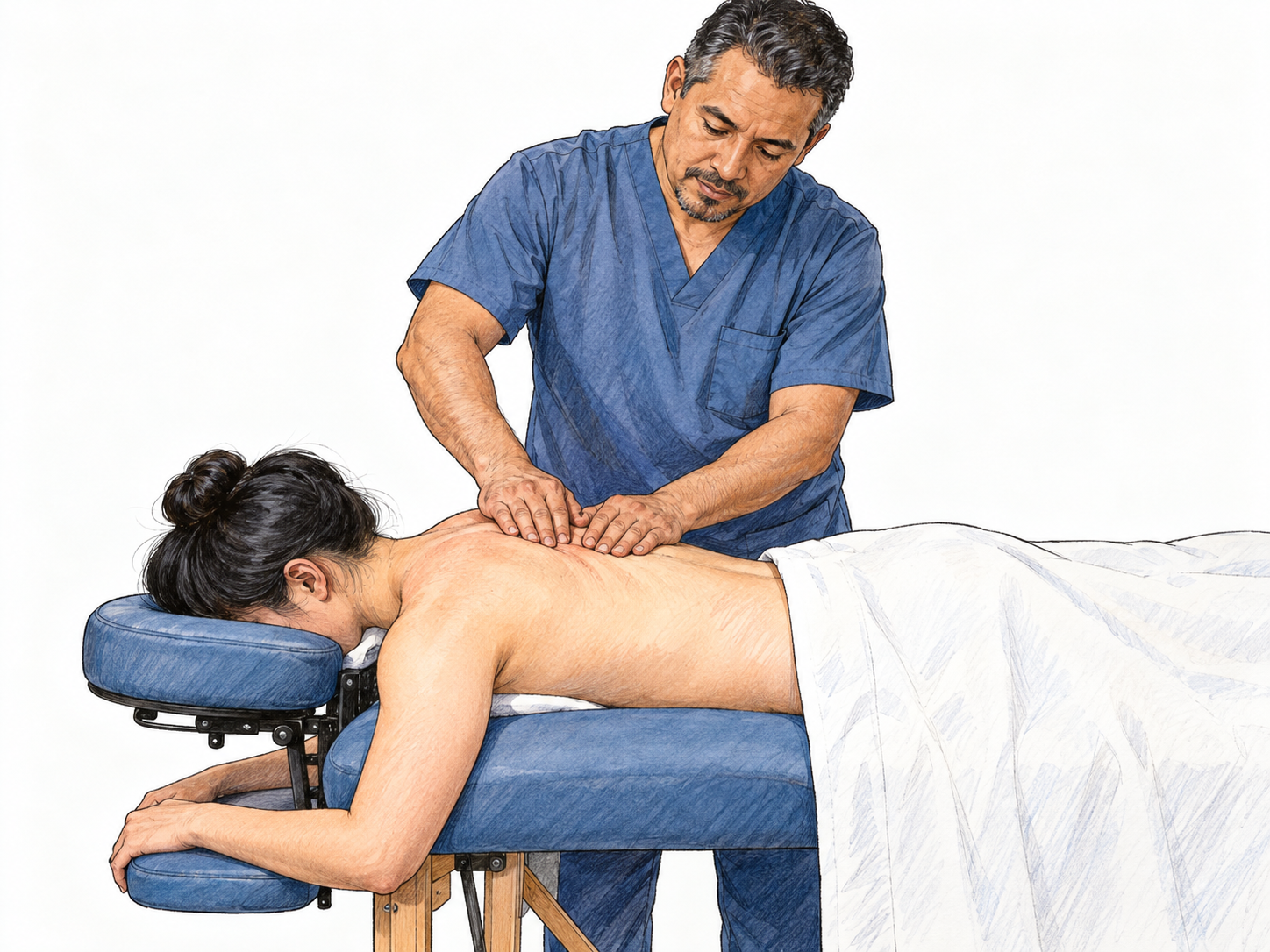 A male professional massage therapist presses and kneads a client's upper-back muscles on a massage table, with clinical draping and visible professional equipment.