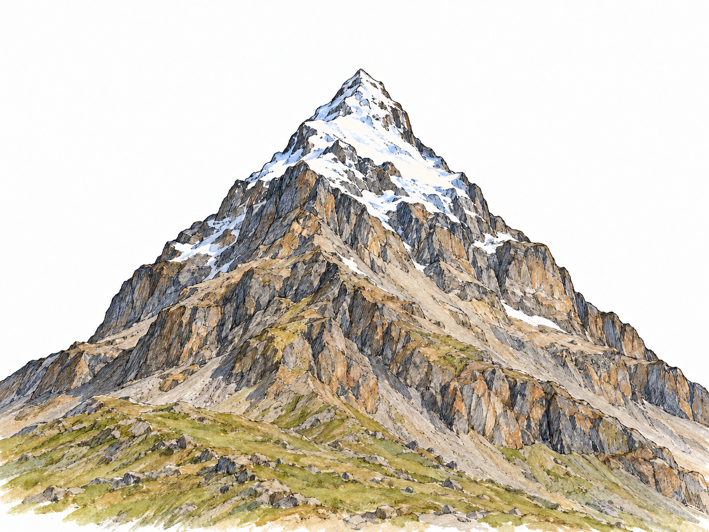 A single mountain with its highest, snow-covered summit prominently isolated above the lower rocky slopes, making the top immediately visible.