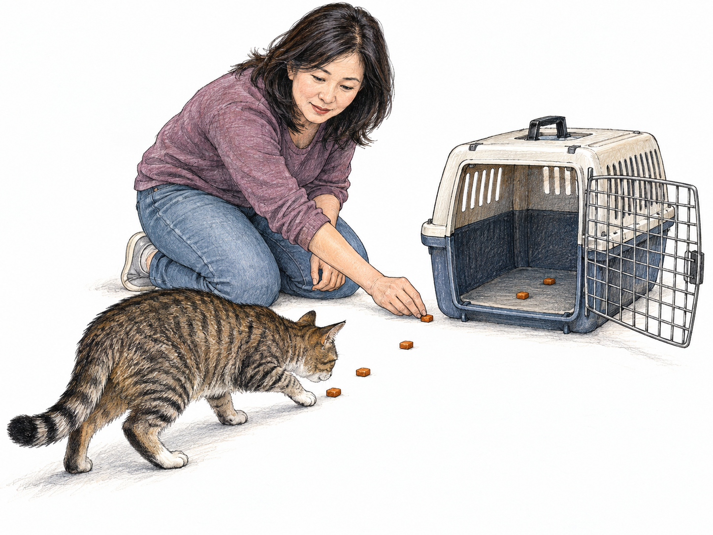 A cat owner uses a trail of treats as a tactic for getting a reluctant cat into a carrier.