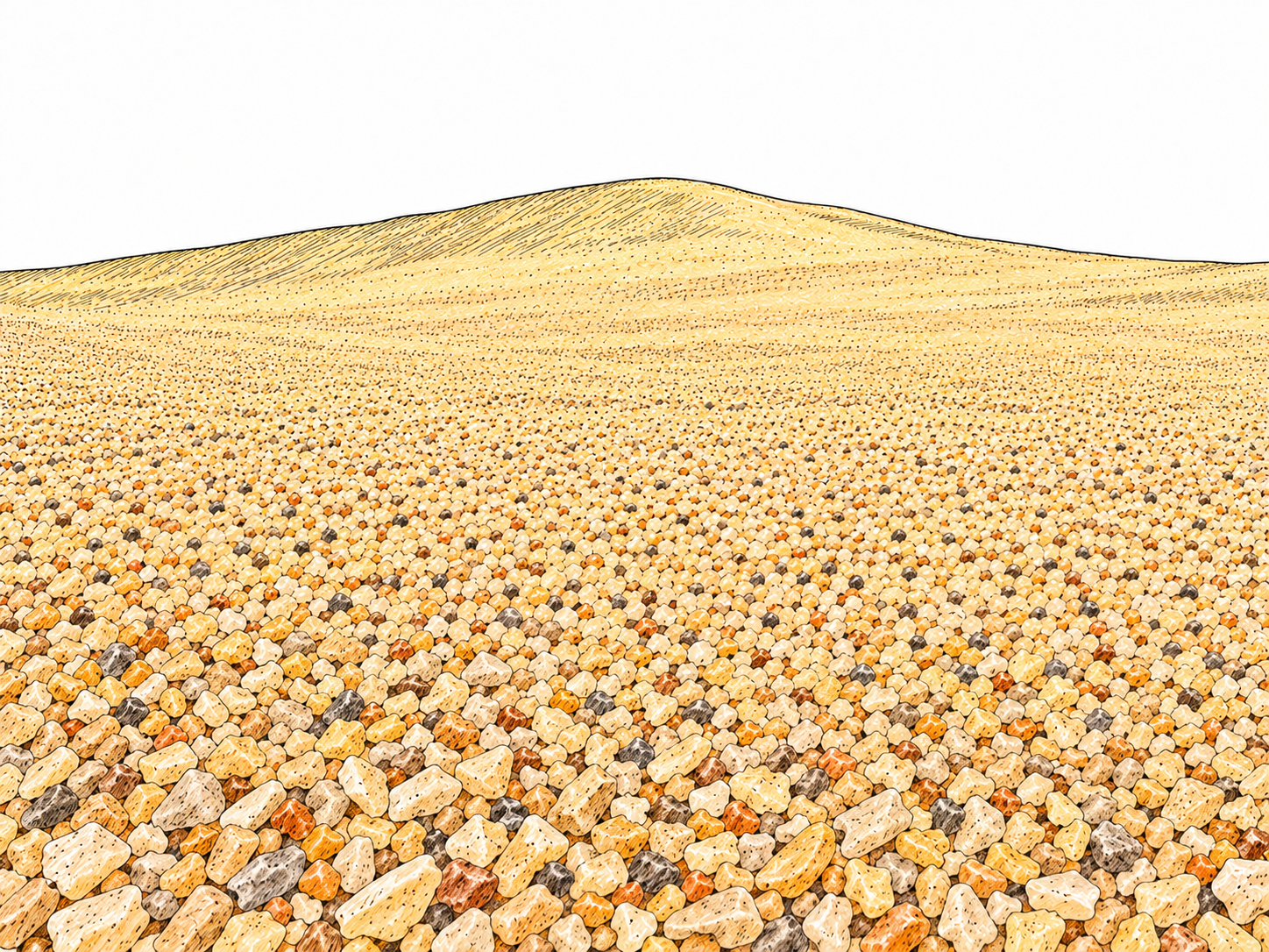 A close, low-angle view across a vast expanse of sand: distinct foreground grains merge into an overwhelmingly dense field of tiny grains extending into the distance, visibly beyond practical counting.