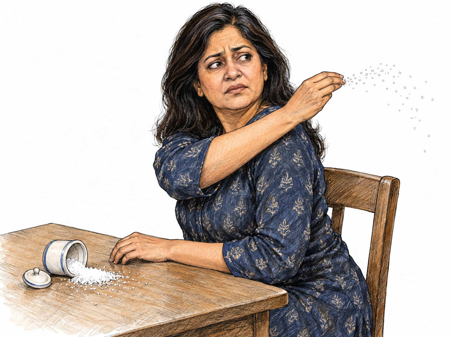 A woman responds to spilled salt by tossing a pinch over her left shoulder, visibly performing a familiar good-luck ritual rather than cleaning the spill.
