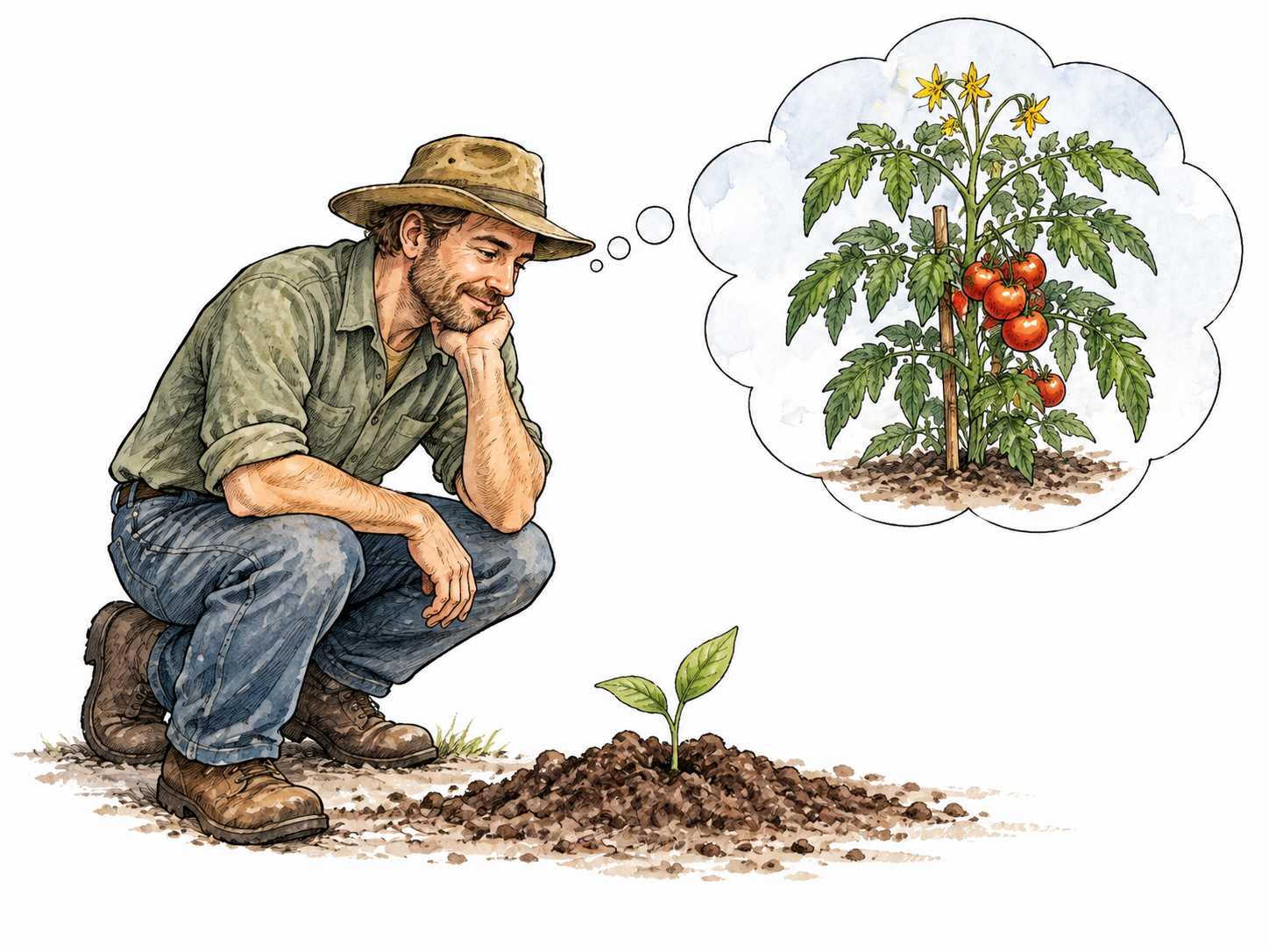 A white gardener looks at a young planted seedling beside an imagined mature plant, showing an anticipated outcome.