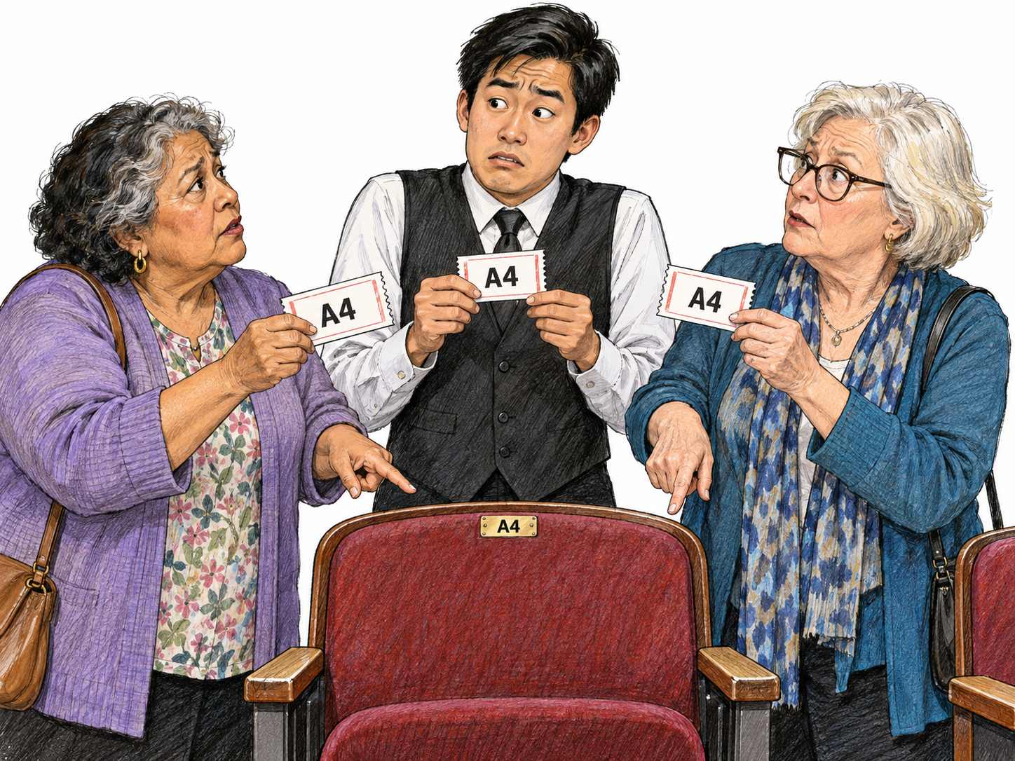 At a theater, two patrons discover that their tickets assign them the same seat.