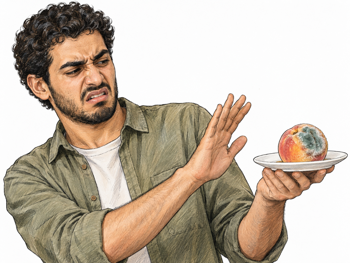 A young man recoils slightly from a moldy peach on a small plate, wrinkling his nose and giving a dismissive outward flick of his free hand: an expressive moment of mild disgust and rejection.