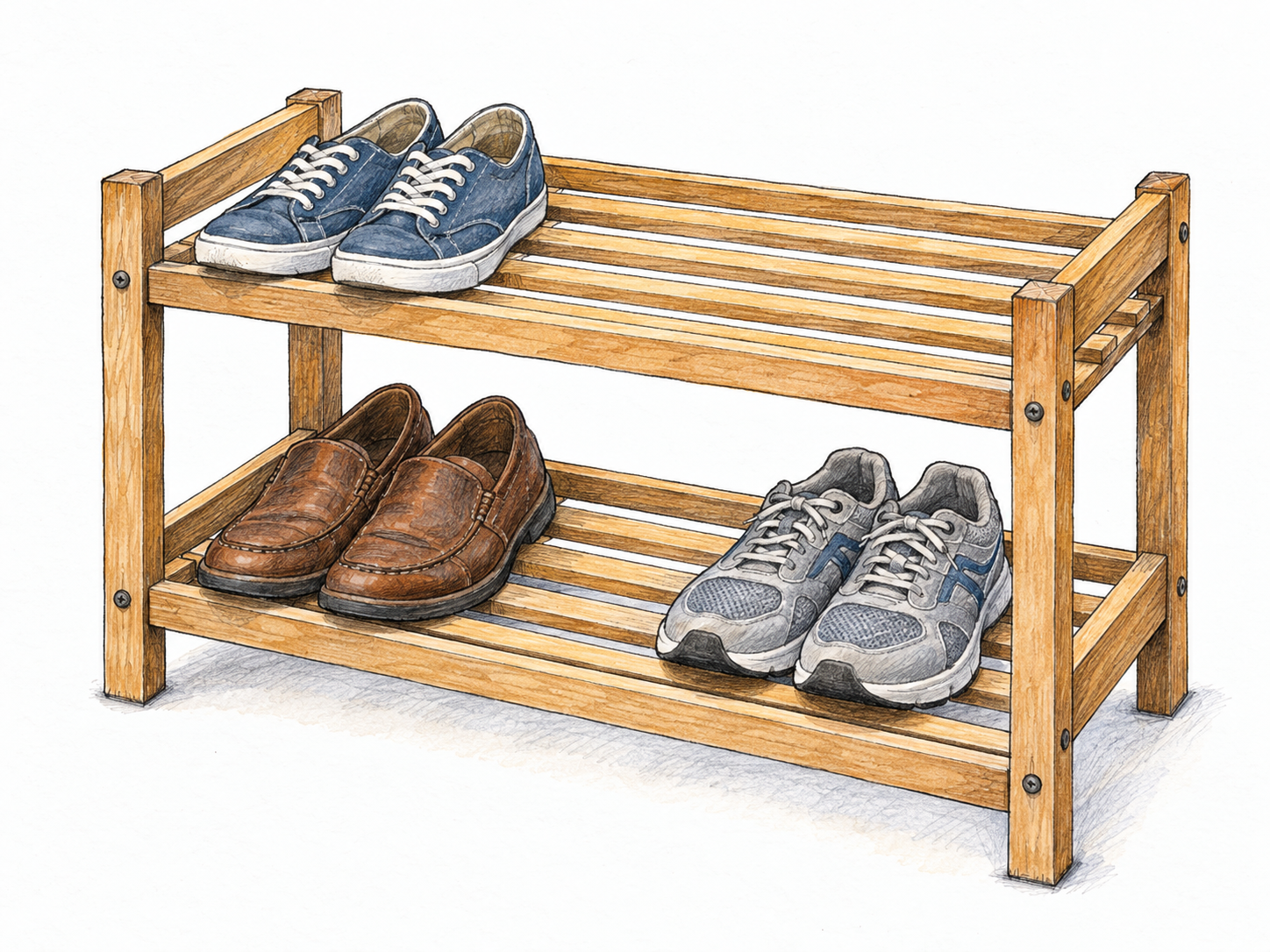 A freestanding wooden shoe rack with an open slatted framework visibly supporting three pairs of shoes, leaving enough empty space to make its construction clear.
