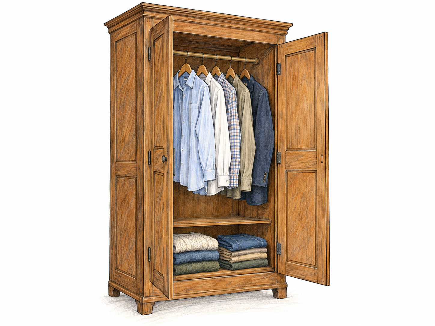 A tall freestanding wooden armoire with its doors open, revealing clothes hanging from an interior rail and neatly folded garments on a shelf.