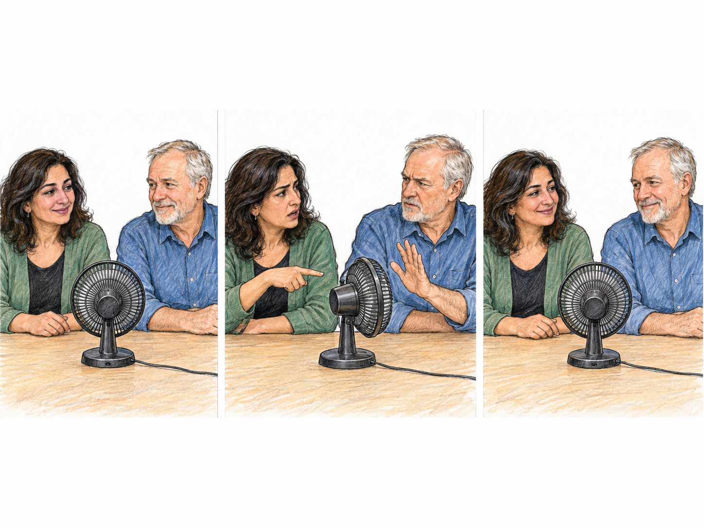 A compact three-panel sequence shows two colleagues peacefully sharing a table, briefly bickering over its small desk fan, then calmly sharing the redirected airflow.
