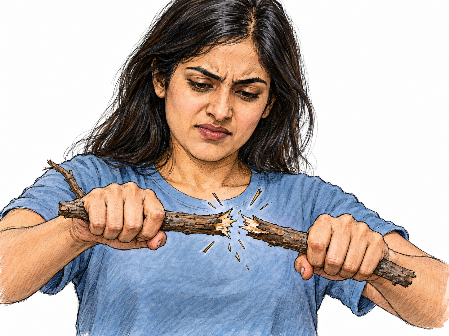 A woman bends a dry twig until it breaks at the center, shown at the instant the jagged ends spring apart.