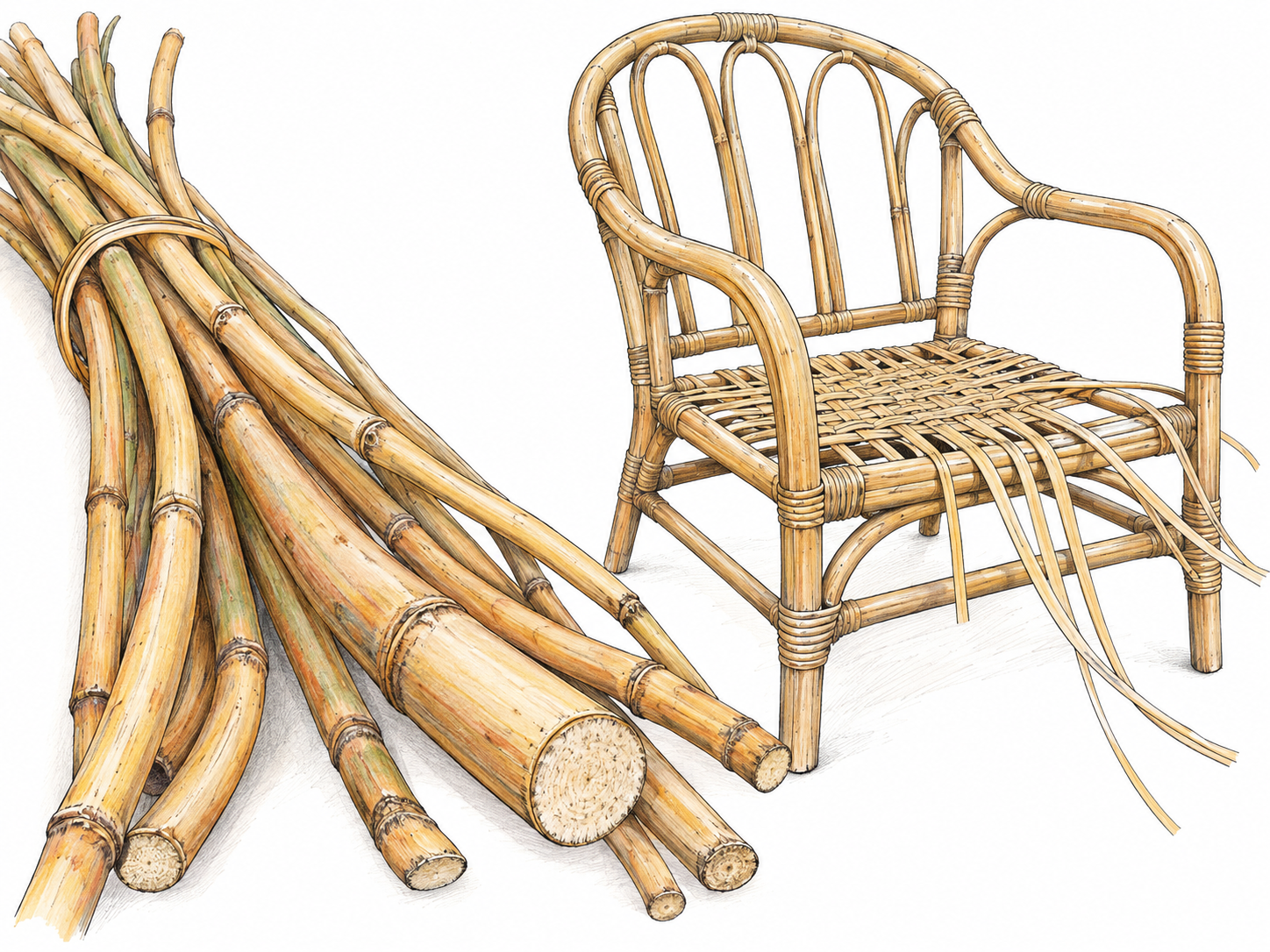 A close material study of rattan canes beside a partially woven chair: long, solid, jointed palm stems curve into the chair frame, while thin split strips form its wicker seat.