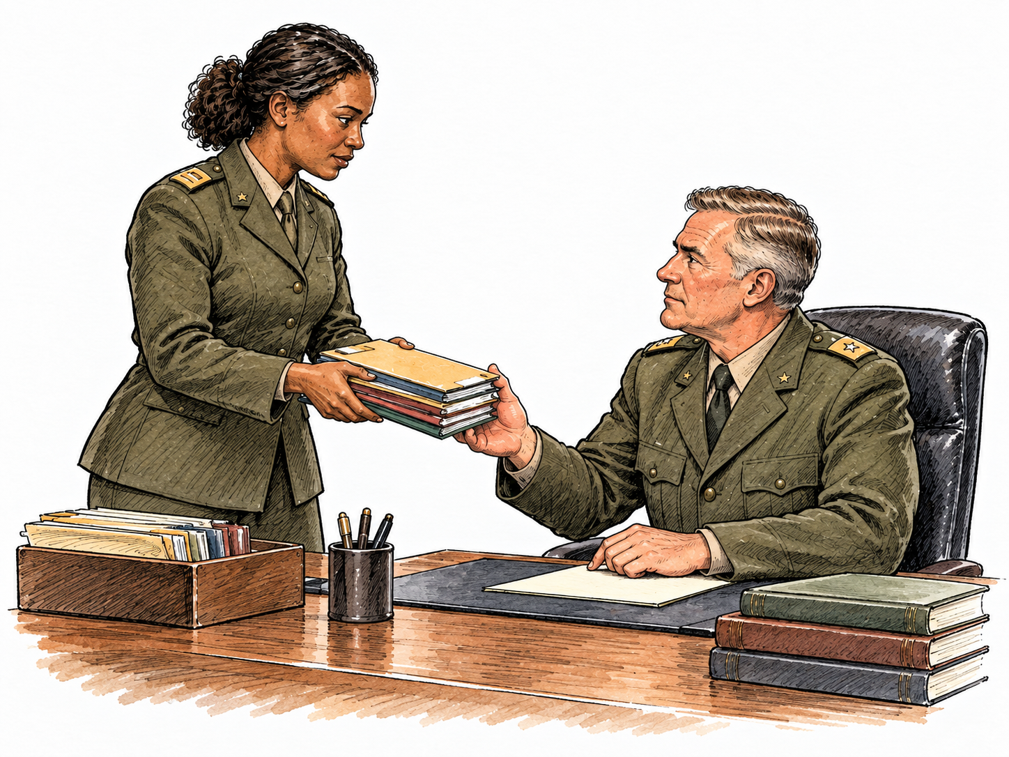 Modern military office, adult Black female adjutant in plain olive officer uniform hands neatly organized folders to older male commanding officer seated at desk, flags and insignia omitted, no writing on paper.