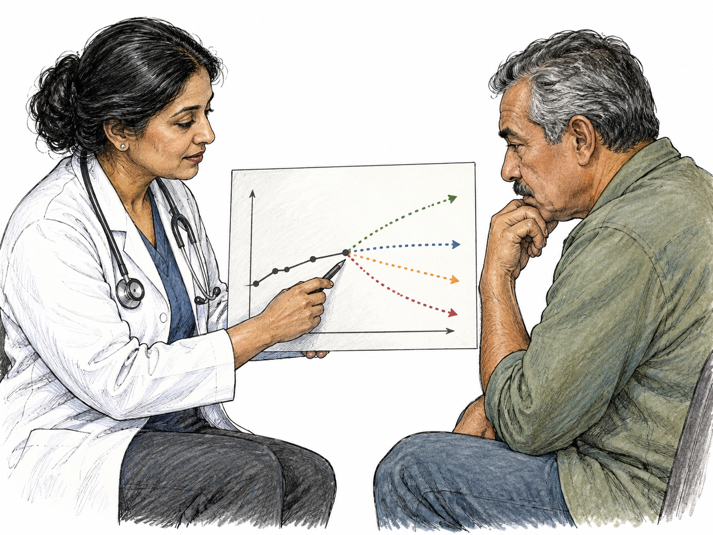 A clinician and adult patient consider a chart whose solid past line branches into dotted possible future courses; prediction of development with uncertainty, no specific disease outcome or guaranteed recovery.