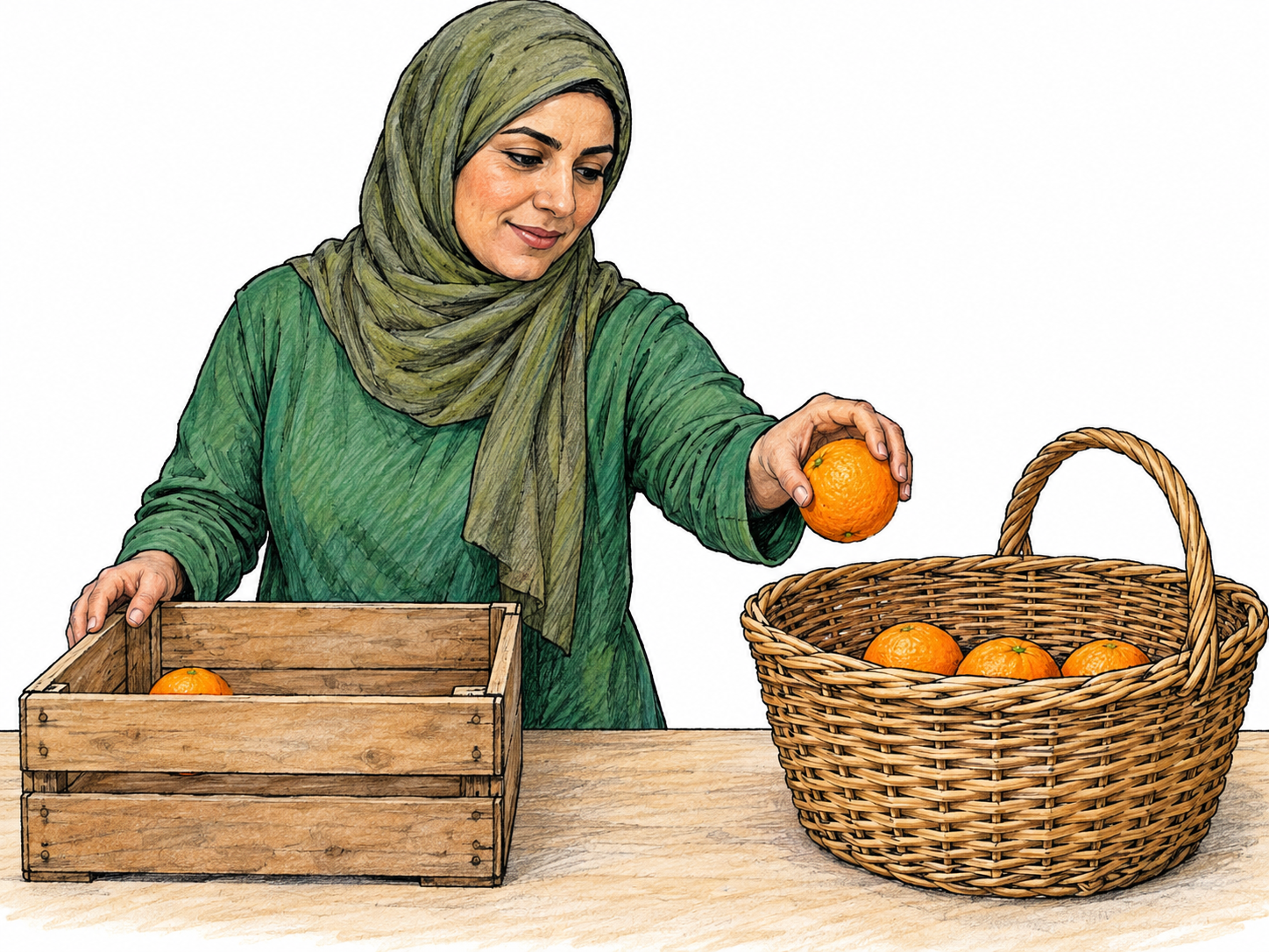 A worker lifts one orange fruit from a nearly empty small wooden crate on the left into a larger open basket on the right.