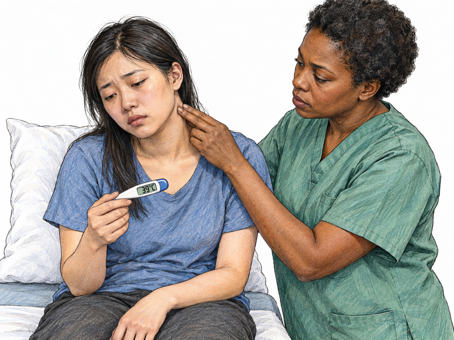 A visibly exhausted, feverish young adult receives an examination of swollen neck glands, combining the characteristic symptom cues of mononucleosis in one compact clinical scene.