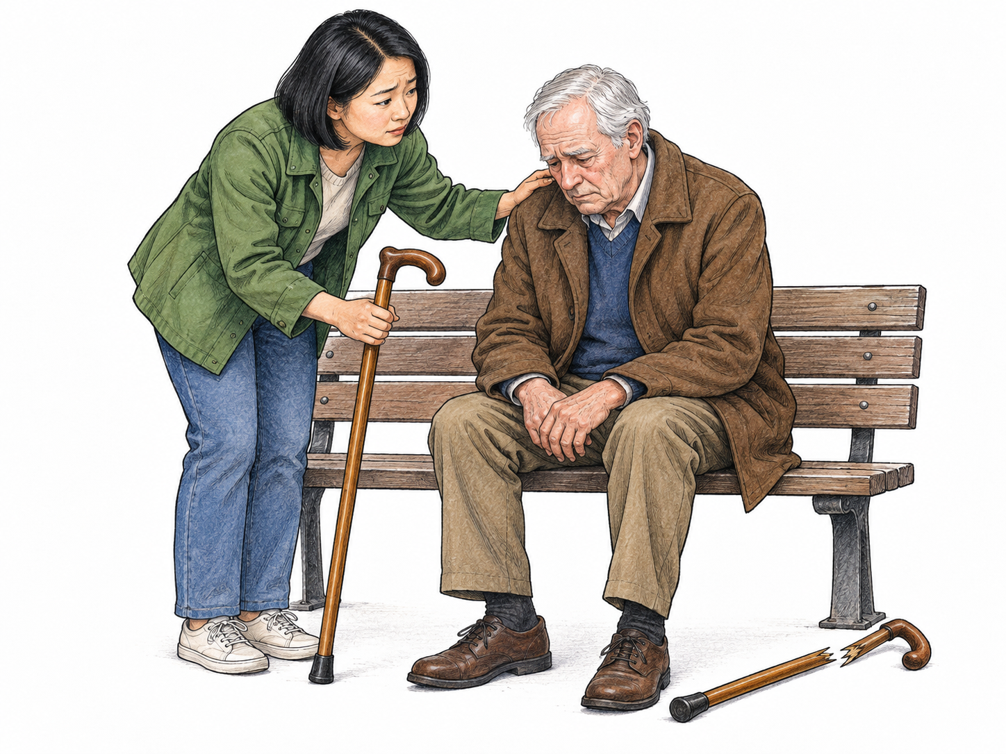 Woman leans compassionately toward elderly man seated sadly beside broken walking cane, sympathetic face and gentle hand on shoulder, offers intact cane with other hand.