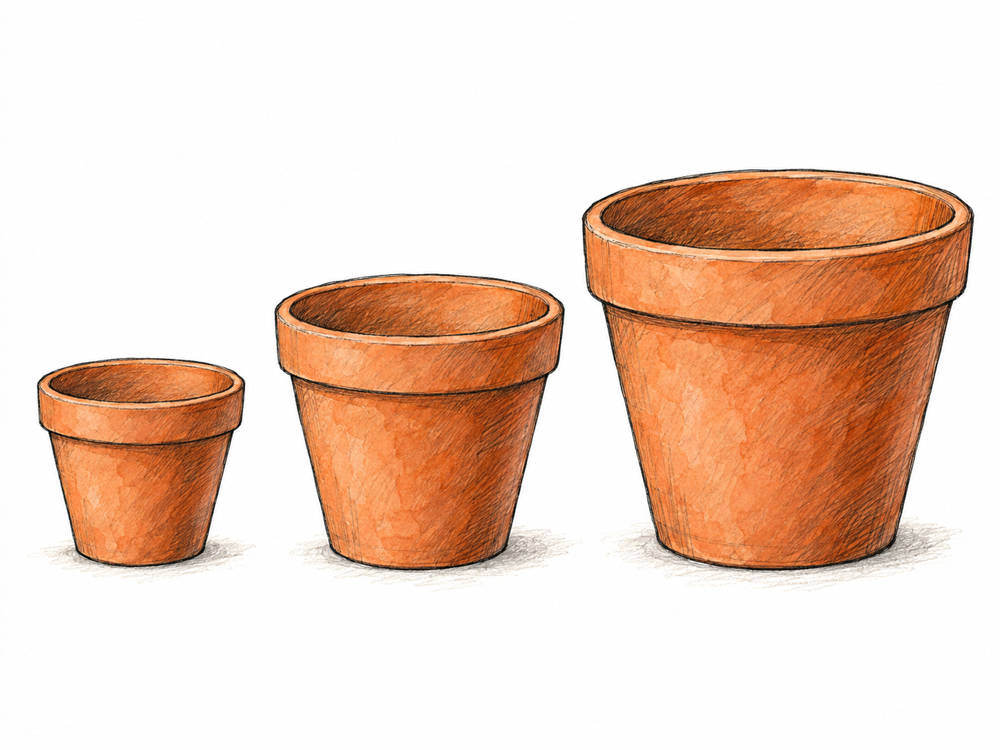 Three otherwise identical terracotta flowerpots arranged from small to medium to large on one baseline, making their differing physical dimensions immediately visible.