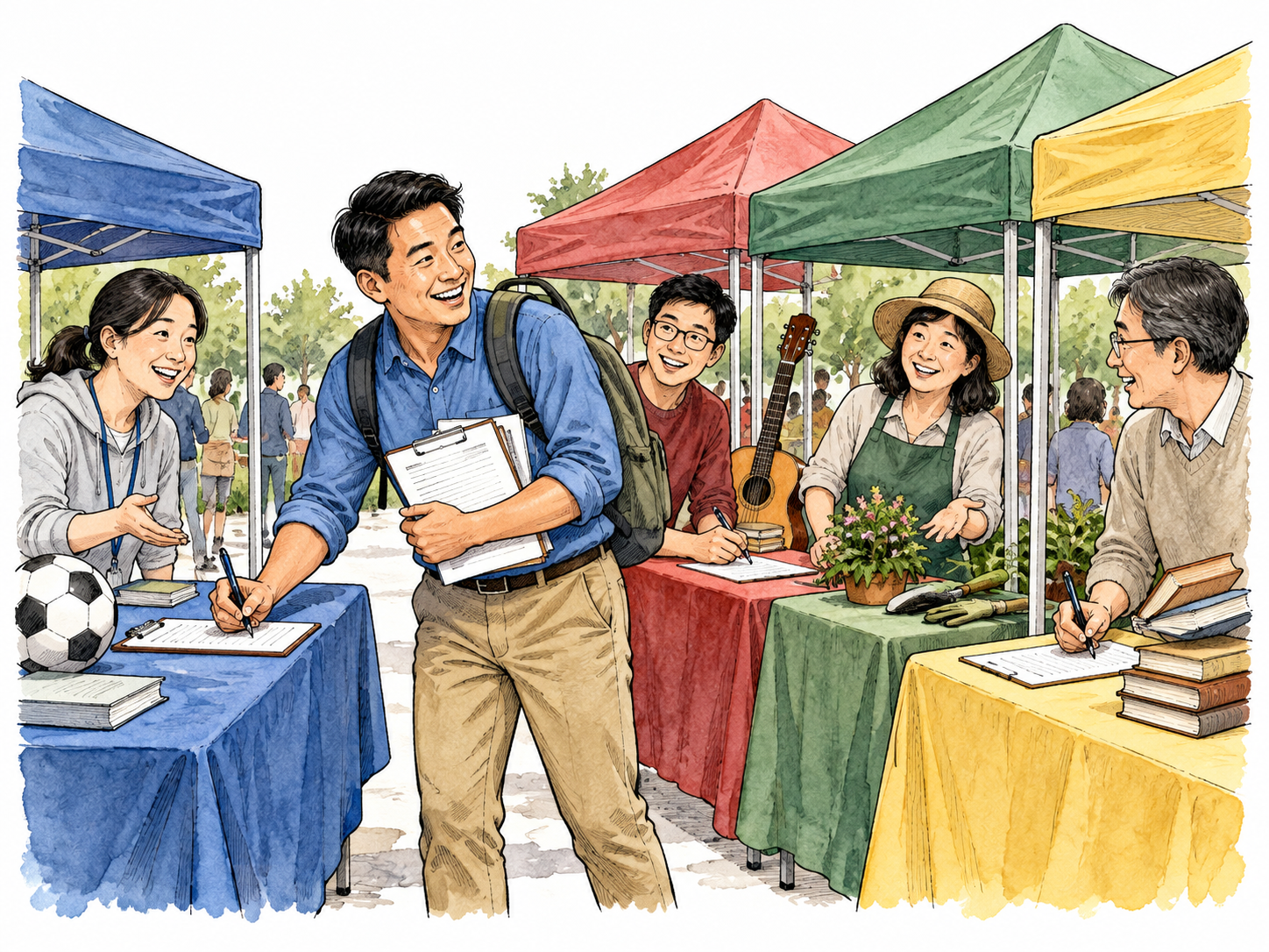 Friendly East Asian adult signs up at several community club booths.