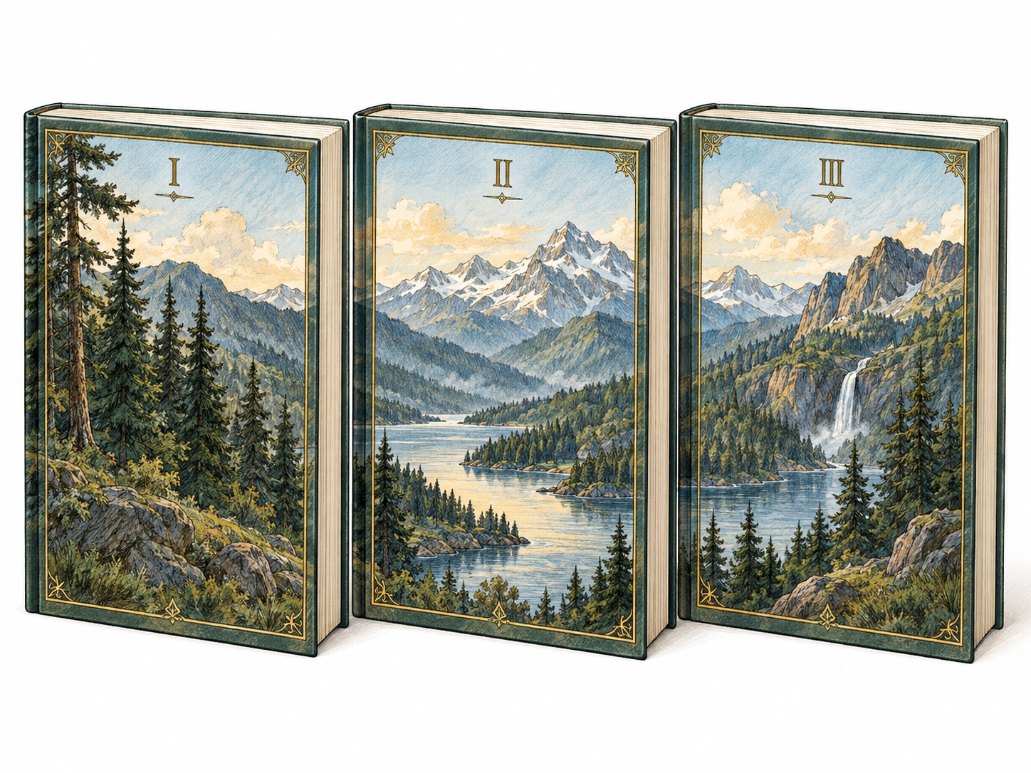Exactly three matching novels displayed together, with coordinated illustrated covers and small volume numerals I, II, and III making their relationship as a three-part series visible.