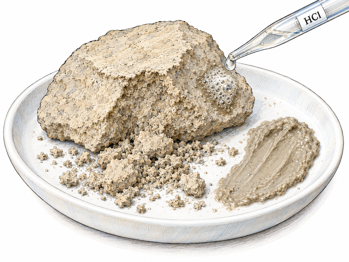 A close-up marl specimen showing pale, crumbly soil, a smooth damp clay smear, and localized fizzing where dilute acid touches the specimen, making its carbonate content visible.