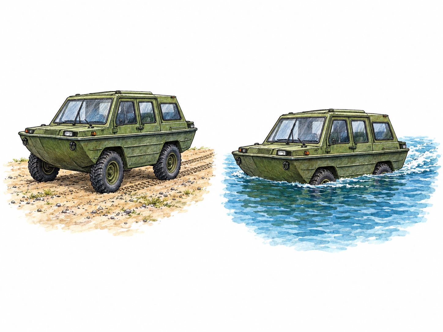 Two adjacent views of the same amphibious vehicle: driving on dry land and floating under its own power in water.