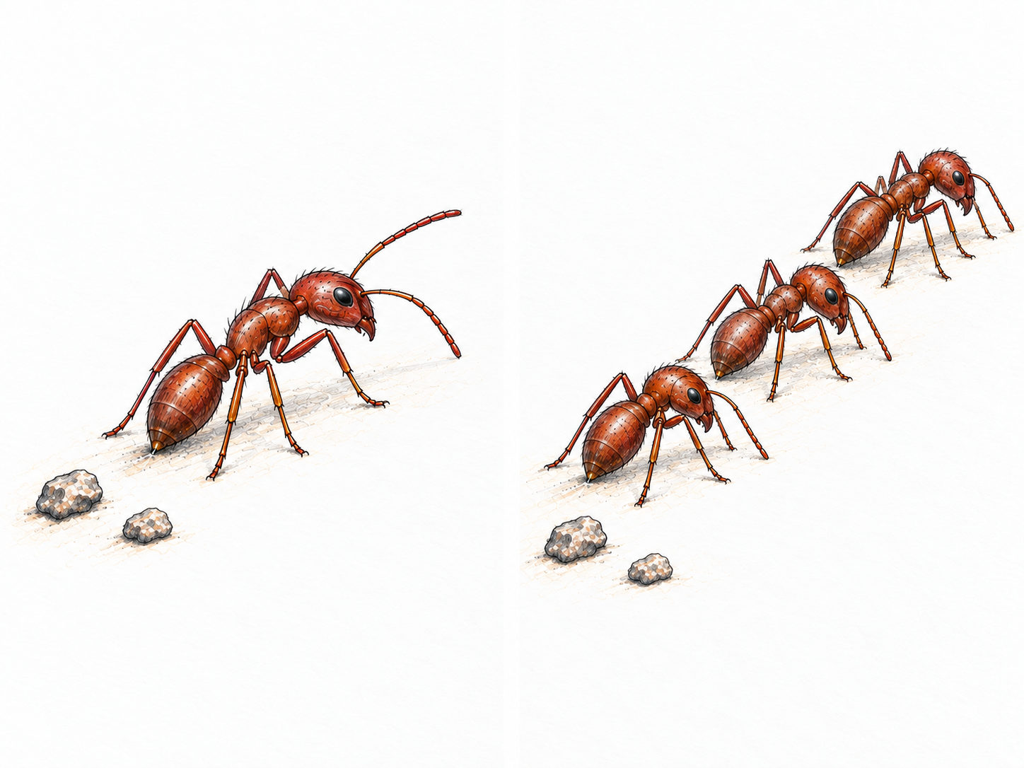 A compact two-stage view of ant trail signaling: one worker deposits a chemical trail from its abdominal tip, then workers of the same species follow that otherwise unmarked route with their antennae lowered.