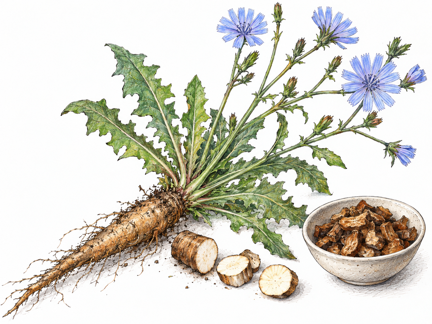 A recognizable chicory plant with pale blue flowers, toothed basal leaves and an exposed taproot, beside a small dish of roasted root pieces that makes its food use visible.