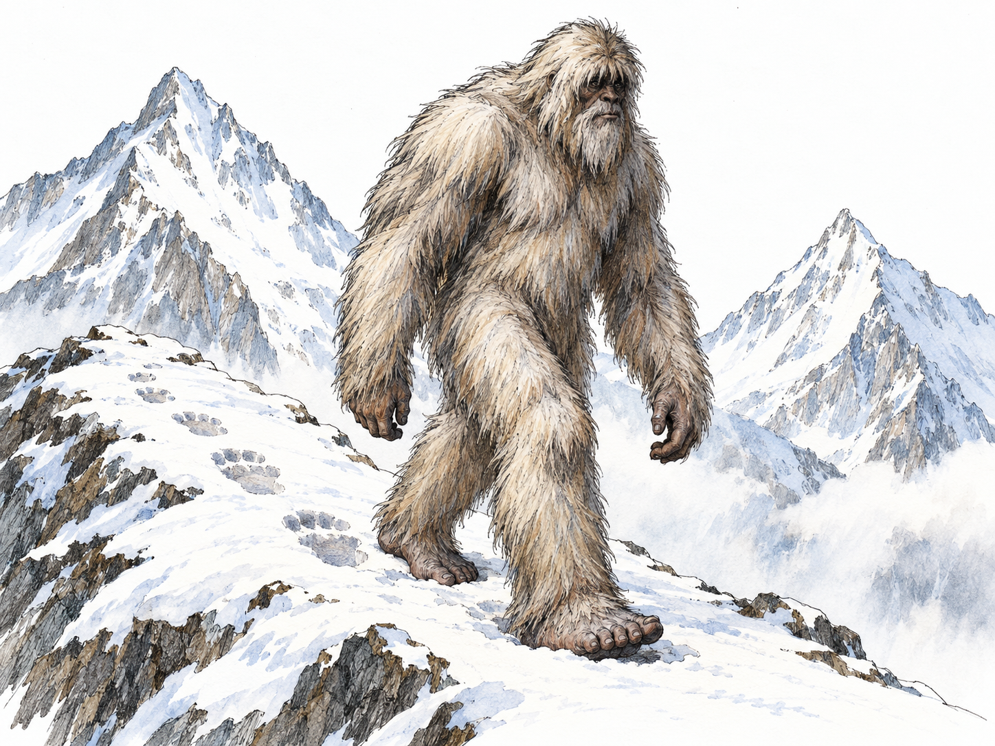 A large, shaggy, upright manlike creature strides across a snowy Himalayan ridge, leaving oversized footprints beneath sharply rising snow-covered peaks.
